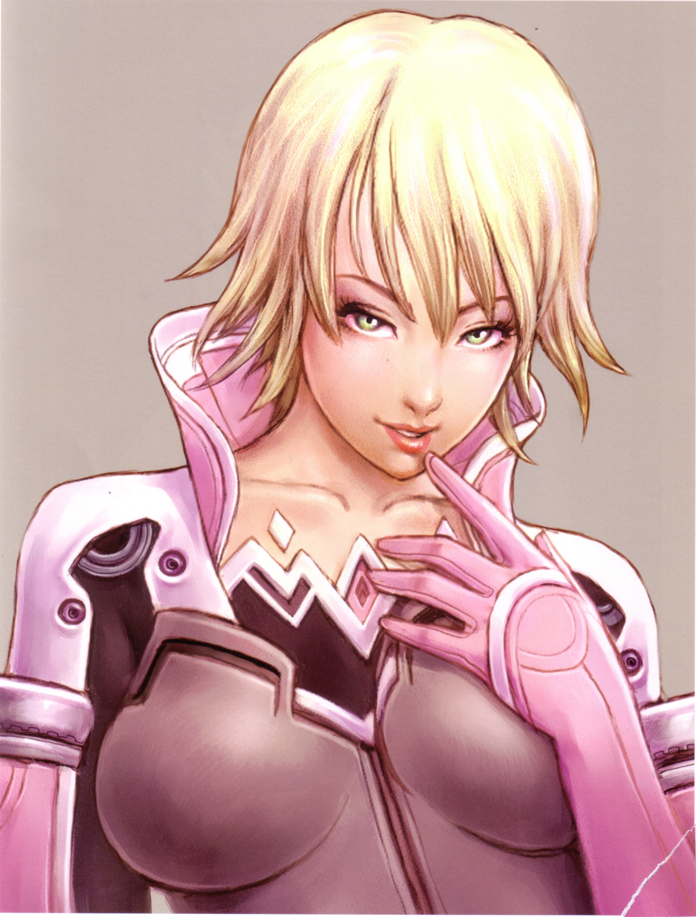 yamashita shun'ya, original, sweet dreams, roxanne, absurdres, highres, non-web source, scan, 1girl, blonde hair, breasts, breasts apart, close-up, elbow gloves, eyelashes, female focus, finger to mouth, gloves, green eyes, grey background, hair between eyes, high collar, leotard, lips, lipstick, makeup, multicolored leotard, naughty face, parted bangs, seductive smile, short hair, simple background, skin tight, smile, solo, standing