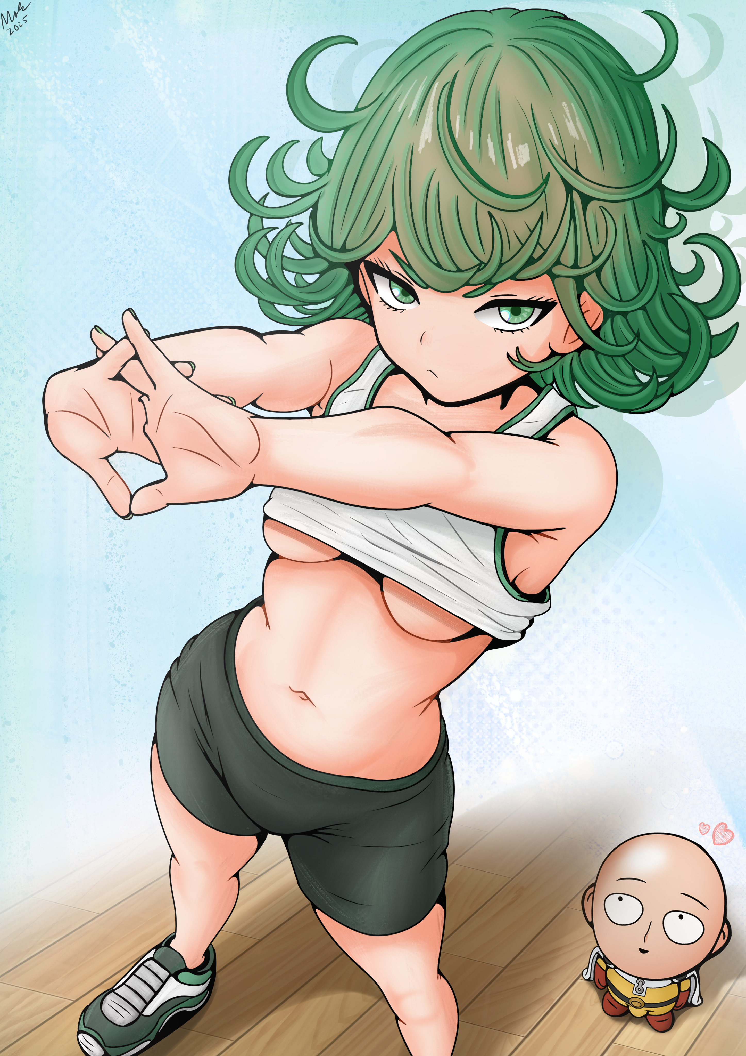 kaschmatz, saitama (one-punch man), tatsumaki, one-punch man, absurdres, highres, 1girl, arms up, bald, bike shorts, black shorts, curly hair, green eyes, green hair, interlocked fingers, looking at another, looking at viewer, mini person, miniboy, outstretched arms, shoes, shorts, sneakers, sports bra, sportswear, stretching, white sports bra