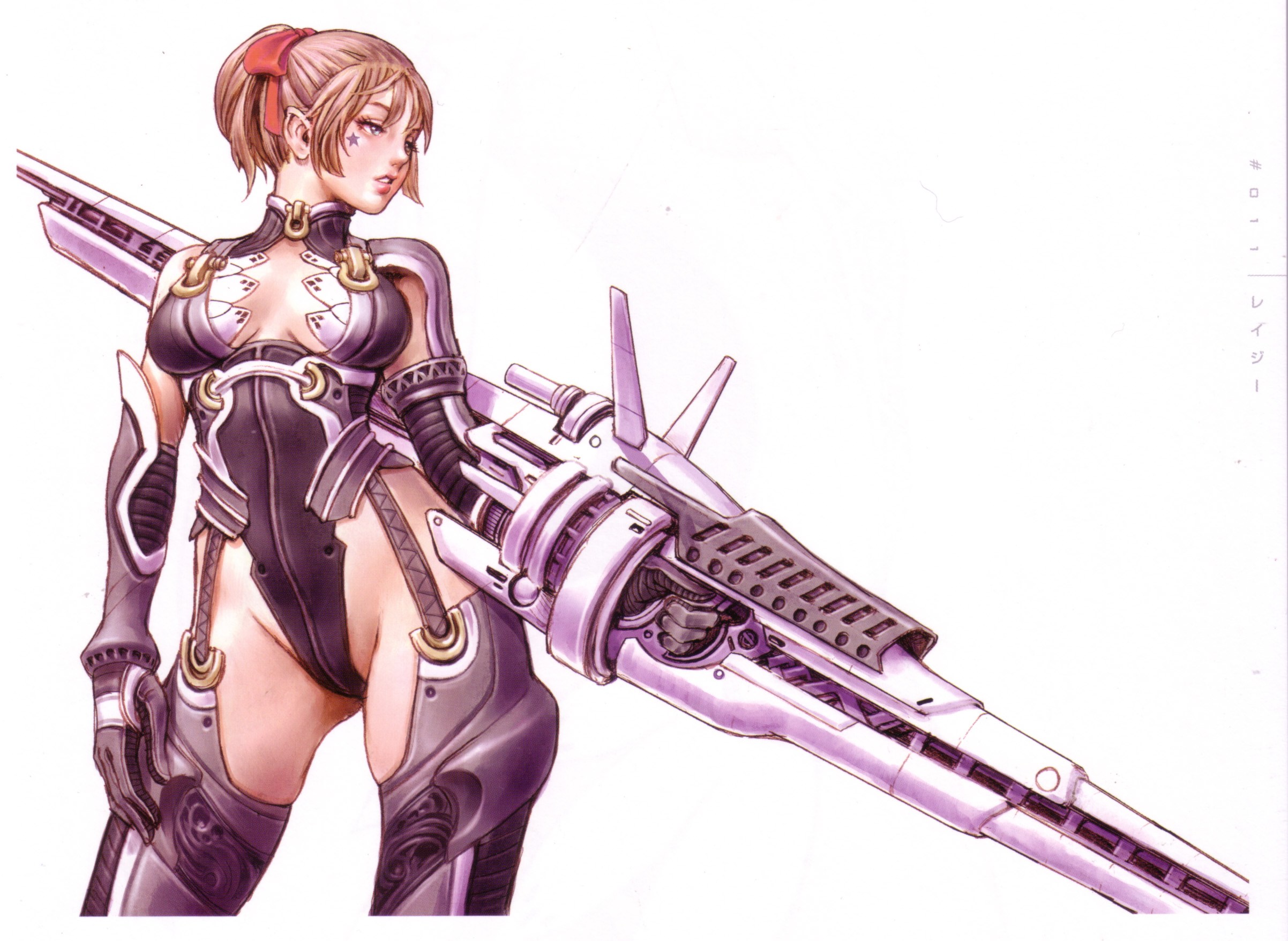 yamashita shun'ya, lazy (yamashita shun'ya), original, highres, scan, 1girl, armor, bare shoulders, blue eyes, bow, breasts, breasts apart, brown hair, character name, cleavage, cleavage cutout, clothing cutout, contrapposto, cowboy shot, elbow gloves, facial mark, female focus, finger on trigger, garter straps, gloves, groin, gun, hair bow, hair ribbon, half-closed eyes, hand on own thigh, high ponytail, highleg, highleg leotard, hip focus, holding, holding gun, holding weapon, huge weapon, leotard, looking to the side, parted bangs, parted lips, ponytail, red bow, red ribbon, ribbon, short hair, short ponytail, skindentation, solo, standing, star (symbol), star facial mark, thighhighs, turtleneck, weapon