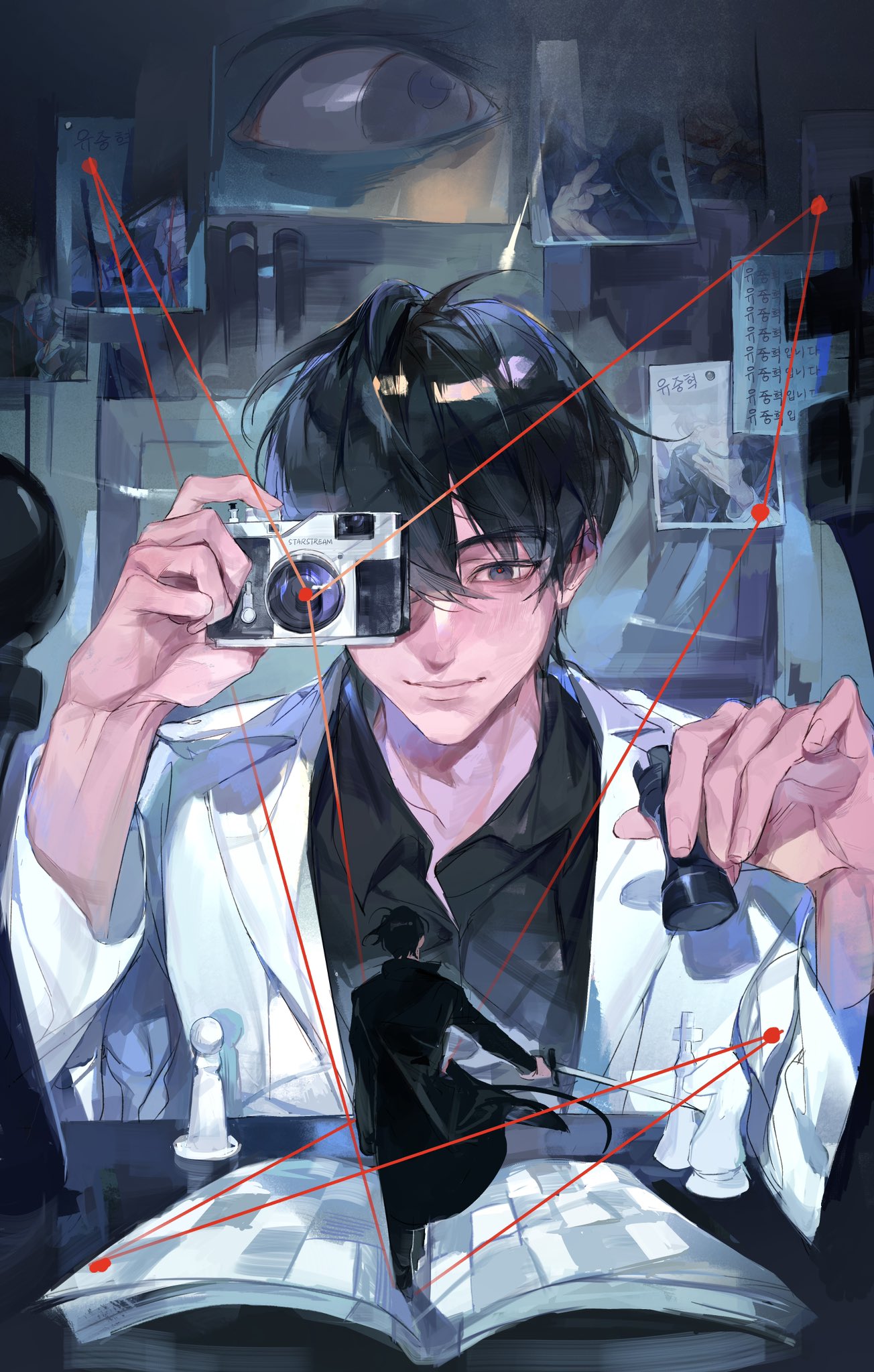 rc dec, kim dokja, yoo joonghyuk, omniscient reader's viewpoint, highres, 2boys, black coat, black eyes, black hair, black shirt, book, bookshelf, bulletin board, camera, chess piece, coat, collared shirt, covering one eye, hair between eyes, holding, holding camera, holding chess piece, holding sword, holding weapon, korean text, male focus, mini person, miniboy, multiple boys, open book, pawn (chess), photo (object), popped collar, puppet strings, rook (chess), shirt, short hair, size difference, smile, string, sword, taking picture, tiles, upper body, walking, weapon, white coat