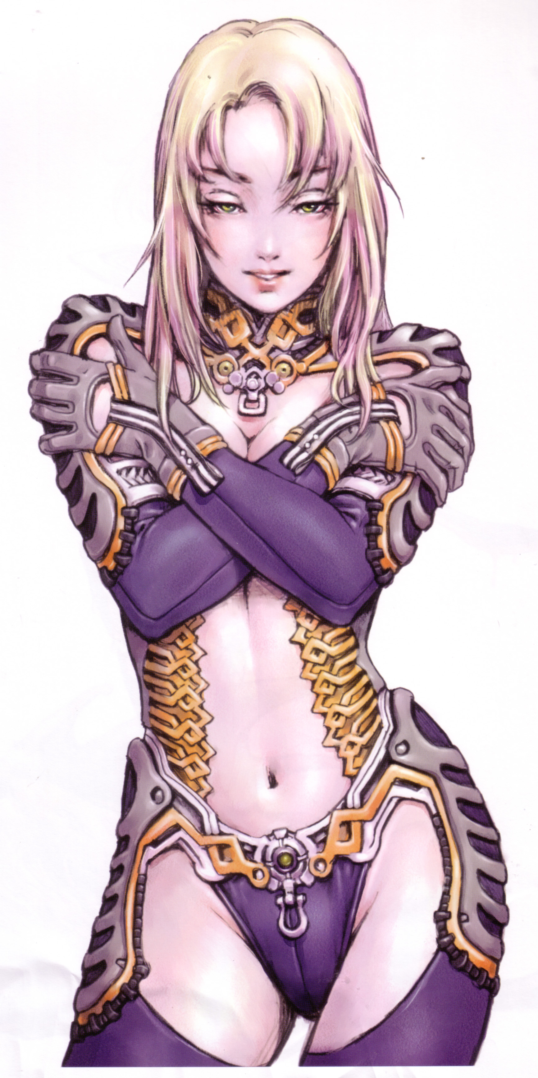yamashita shun'ya, absurdres, highres, 1girl, armor, blonde hair, breasts, cameltoe, cleavage, curvy, cyberpunk, fantasy, female focus, gloves, green eyes, makeup, open clothes, open shirt, shirt, short hair, solo
