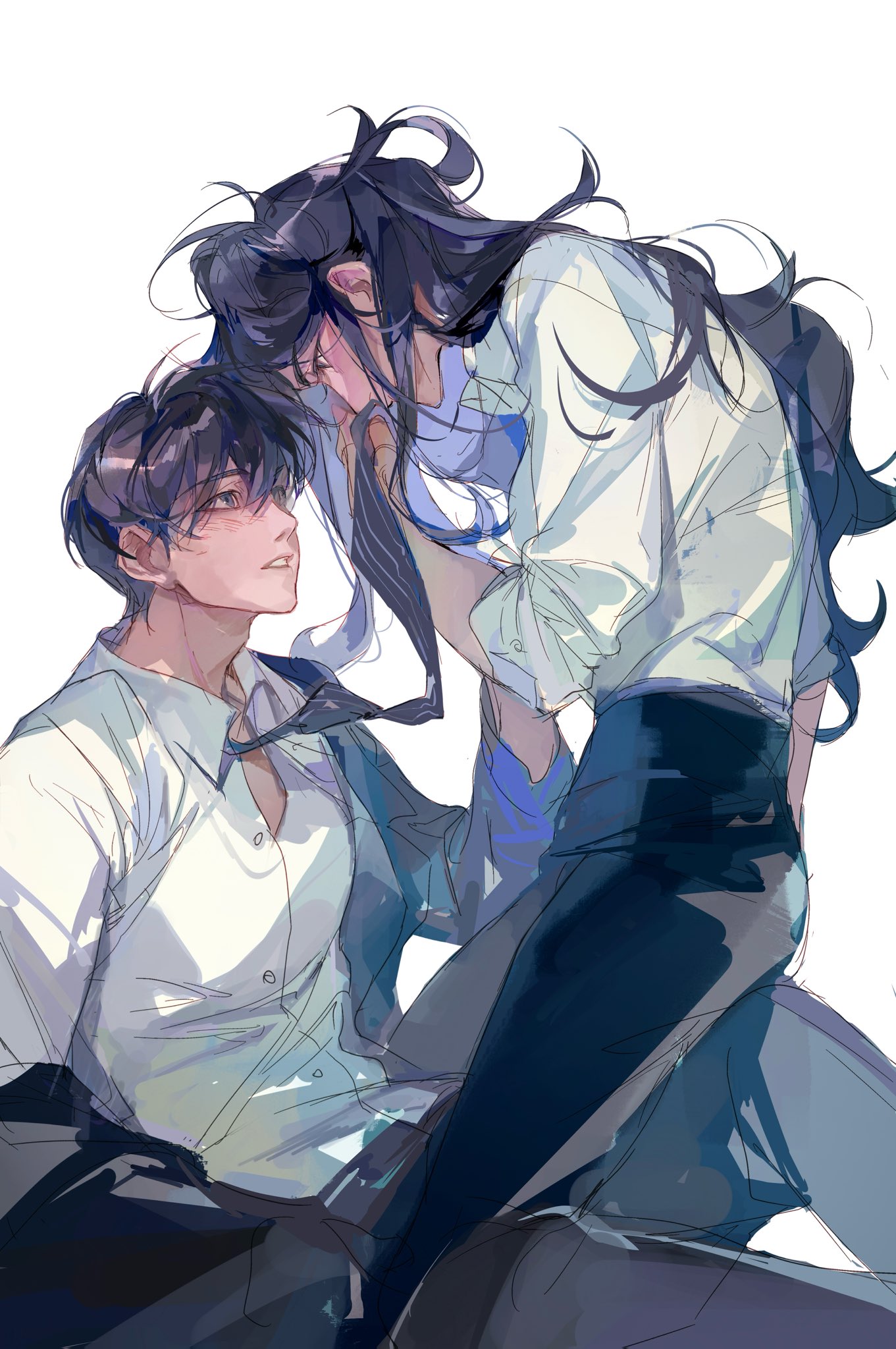 rc dec, kim dokja, yoo joonghyuk, omniscient reader's viewpoint, highres, 1boy, 1girl, black hair, black jacket, collared shirt, colored inner hair, genderswap, genderswap (mtf), girl on top, hair flowing over, jacket, jacket partially removed, knee up, long hair, looking at another, messy hair, multicolored hair, official alternate costume, playing with own hair, sexually suggestive, shirt, short hair, sitting on another's knee, very long hair, wavy hair, white shirt