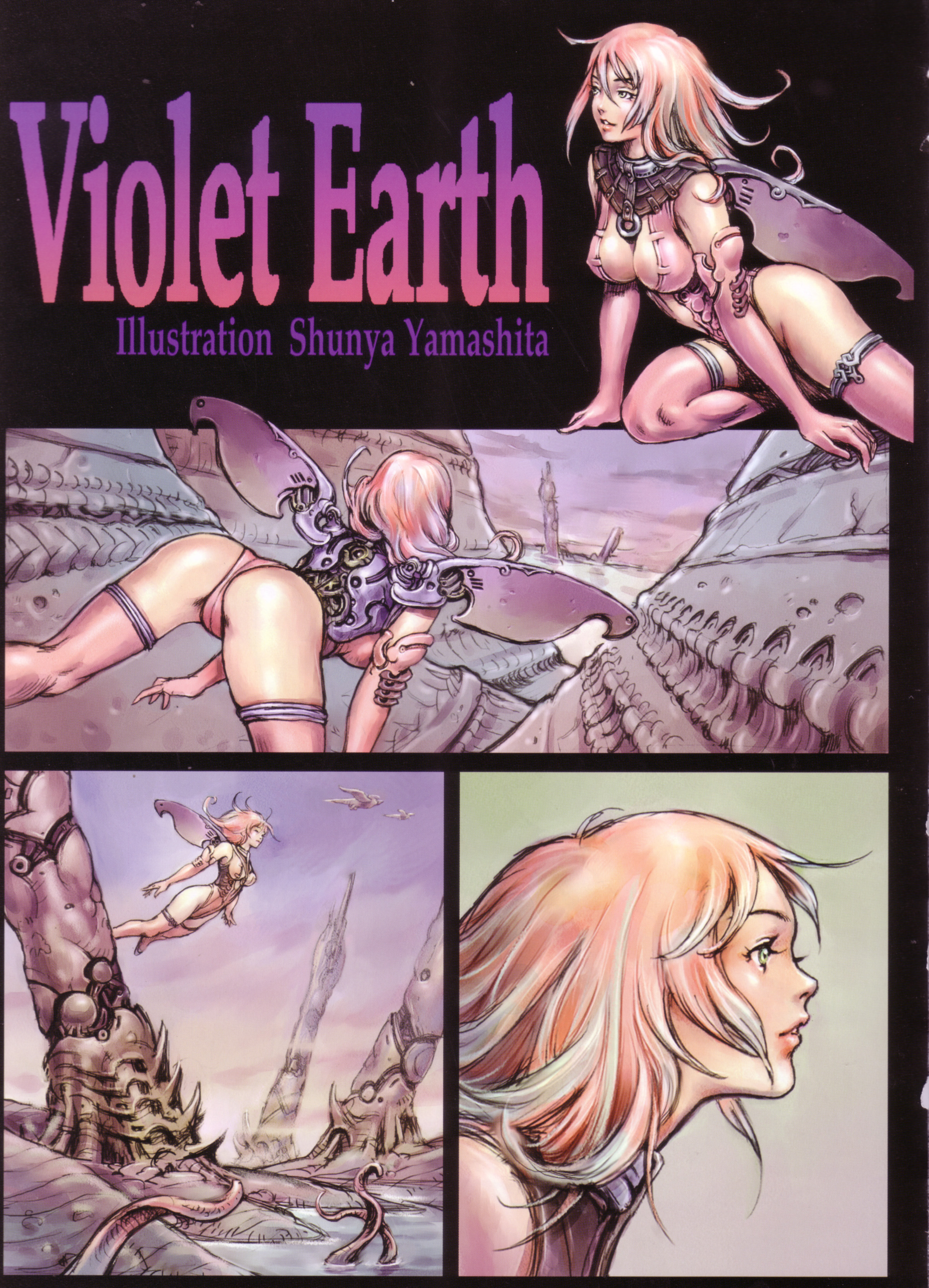 yamashita shun'ya, violet earth, absurdres, highres, ass, breasts, cleavage, close-up, elbow gloves, fantasy, flying, from behind, gloves, green eyes, kneeling, leotard, lipstick, makeup, multicolored hair, outdoors, pink hair, pink thighhighs, short hair, sky, smile, tentacles, thighhighs, two-tone hair, water, white hair, wings