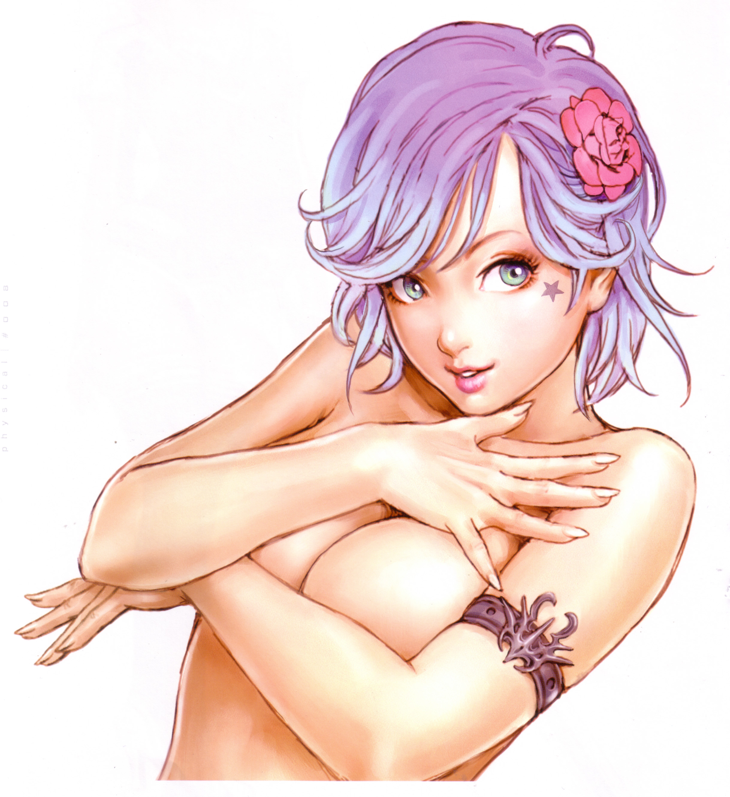 yamashita shun'ya, breast hold, absurdres, highres, 1girl, armband, armlet, breasts, covering breasts, covering privates, female focus, flower, green eyes, hair flower, hair ornament, jewelry, lips, purple hair, simple background, solo, star (symbol), topless female, topless frame, upper body, white background