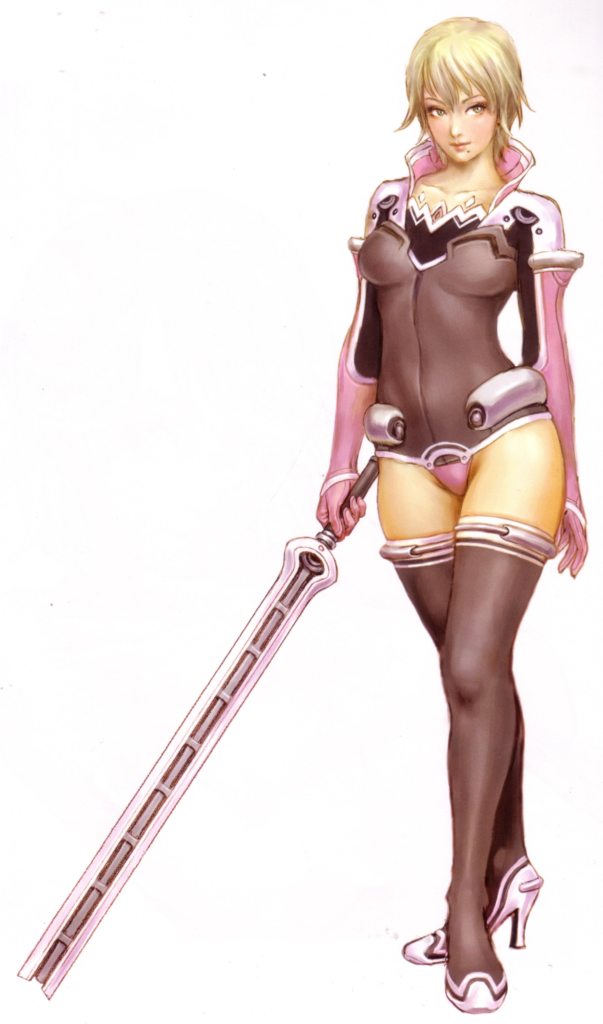 yamashita shun'ya, original, roxanne, absurdres, highres, scan, 1girl, black boots, black thighhighs, blonde hair, boots, breasts, breasts apart, elbow gloves, female focus, full body, gloves, green eyes, grey thighhighs, hair between eyes, high collar, high heel boots, high heels, holding, holding sword, holding weapon, leotard, lips, lipstick, makeup, multicolored leotard, shoes, short hair, simple background, skin tight, smile, solo, standing, sword, thighhighs, weapon, white background, white boots, zettai ryouiki