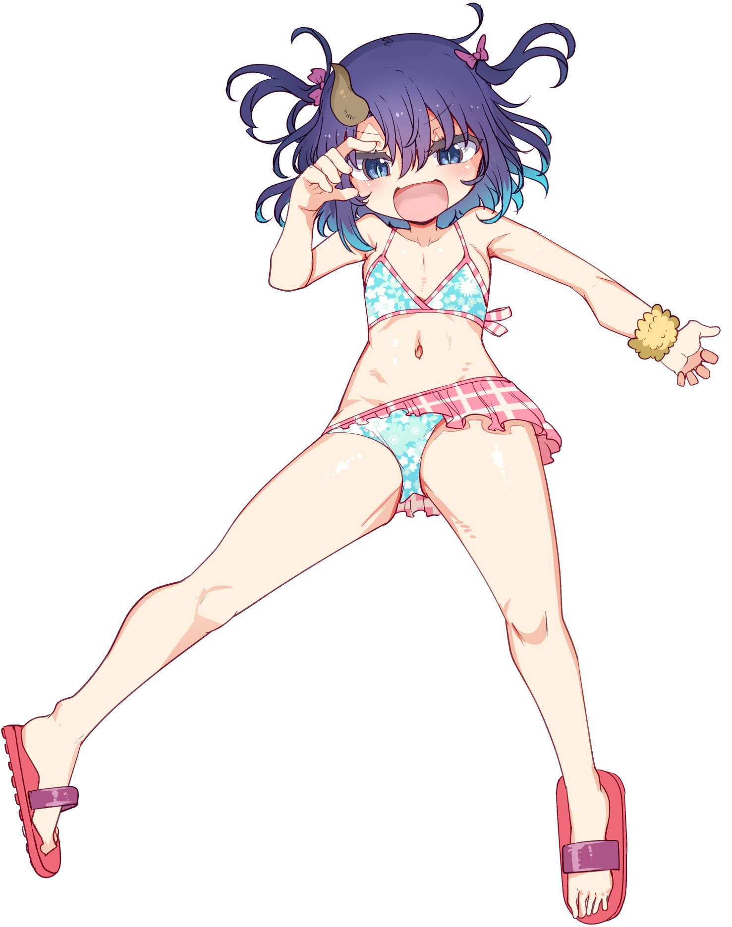 cool-kyou shinja, kobayashi-san chi no maidragon, commentary request, highres, 1girl, bikini, blue eyes, flat chest, lolibaba, navel, open mouth, simple background, solo, swimsuit, telne (maidragon), white background