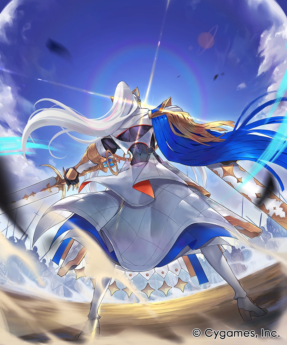 miruto netsuki, shadowverse, shadowverse: worlds beyond, commentary request, highres, official art, 1girl, armor, armored boots, armored dress, blue cape, blue sky, boots, cape, company name, dress, epaulettes, full armor, helmet, holding, holding sword, holding weapon, long hair, outdoors, sheath, sky, solo, spread legs, standing, sword, very long hair, weapon, white hair, zirconia (shadowverse)