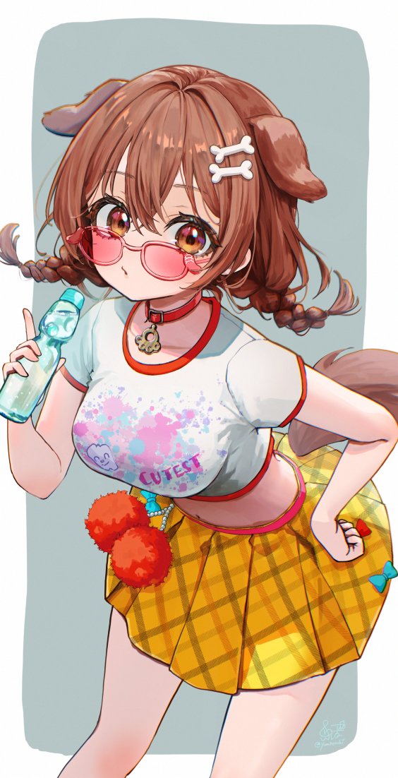 yun bo (yumbocchi), inugami korone, inugami korone (holonatsu paradise), hololive, 1girl, animal ears, bone hair ornament, braid, breasts, brown eyes, brown hair, cartoon bone, collar, crossed bangs, dog ears, dog girl, dog tail, glasses, grey background, hair between eyes, hair ornament, hand on own hip, large breasts, long hair, looking at viewer, official alternate costume, pink-tinted eyewear, pleated skirt, pom pom (clothes), ramune, red collar, shirt, skirt, solo, stomach, tail, tinted eyewear, twin braids, two-tone background, virtual youtuber, white background, white shirt, yellow skirt