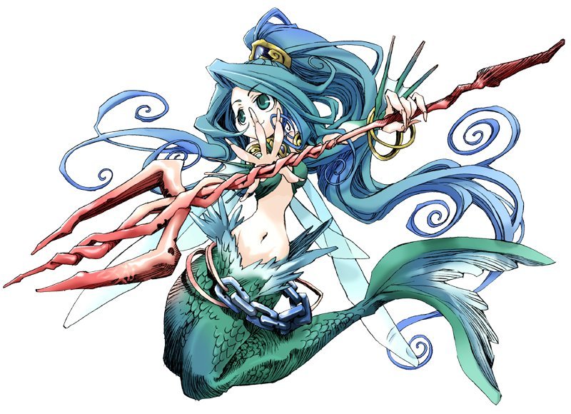 kiyuzuki satoko, undine, undine (yggdra union), yggdra union, official art, 1girl, blue eyes, blue hair, chain, female focus, fingernails, full body, green eyes, long fingernails, long hair, matching hair/eyes, mermaid, midriff, monster girl, nail (hardware), polearm, ponytail, simple background, smile, solo, spear, trident, very long hair, weapon