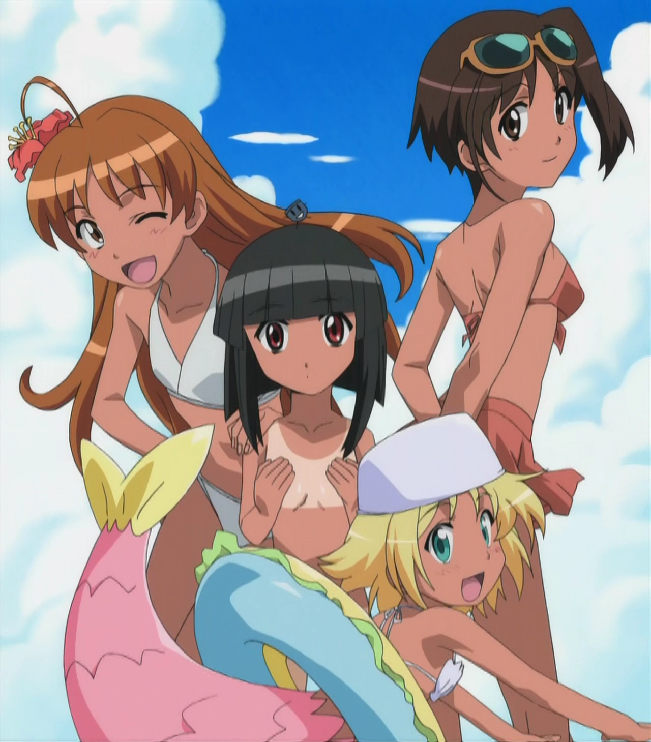 kitano sora, nitou kaneru, osana najimi (doujin work), tsuyuri (doujin work), doujin work, anime screenshot, highres, stitched, third-party edit, 00s, 4girls, :d, ;d, bikini, bikini tan, breasts, cloud, covering breasts, covering privates, dark-skinned female, dark skin, day, eyewear on head, flat chest, looking at viewer, multiple girls, one eye closed, open mouth, shell, shell bikini, small breasts, smile, sunglasses, tan, tanline, topless female