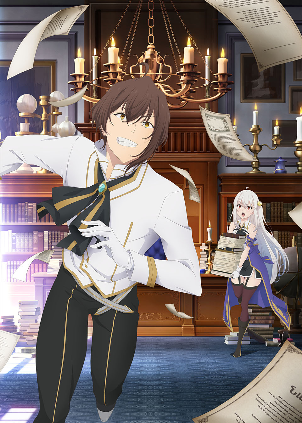 ouji ryuunosuke, ninym ralei, wein salema arbalest, tensai ouji no akaji kokka saiseijutsu, highres, key visual, official art, promotional art, 1boy, 1girl, ahoge, anime coloring, ascot, bare shoulders, belt, black ascot, black garter straps, black pants, black thighhighs, book, bookshelf, breasts, brooch, brown hair, collared shirt, crossed bangs, fleeing, full body, garter straps, gloves, hair between eyes, hair ornament, holding, holding book, indoors, jewelry, long hair, long sleeves, one side up, open mouth, pants, paper, red eyes, shirt, sidelocks, skirt, sleeveless, sleeveless shirt, teeth, thighhighs, thighs, very long hair, white belt, white gloves, white hair, white shirt