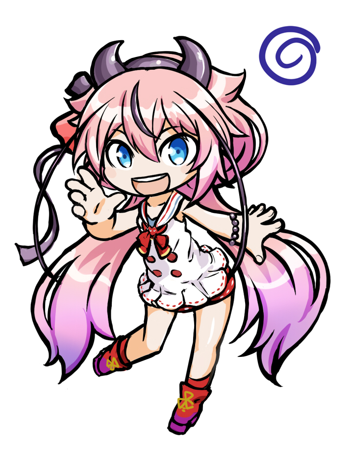 miyabi keishirou, meika hime, voiceroid, 1girl, :d, black hairband, black horns, blue eyes, bracelet, buttons, deformed, dress, hair between eyes, hair ribbon, hairband, hand up, horns, jewelry, light blush, long hair, low twintails, open mouth, pearl bracelet, pink hair, red shoes, ribbon, sailor collar, sailor dress, shoes, simple background, sleeveless, sleeveless dress, smile, solo, standing, standing on one leg, teeth, twintails, upper teeth only, very long hair, white background, white dress