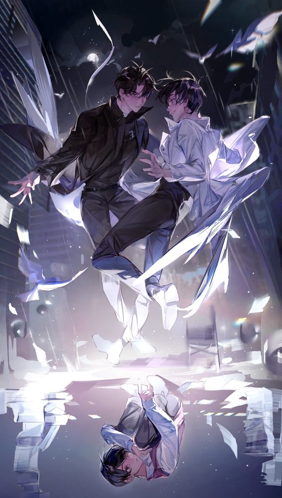 rc dec, kim dokja, yoo joonghyuk, omniscient reader's viewpoint, 3boys, bird, black coat, black hair, black pants, black shirt, brown vest, building, city, coat, curled up, different reflection, dove, dual persona, falling, full body, hugging own legs, lens flare, looking at another, moon, multiple boys, night, night sky, oldest dream, one eye closed, outstretched arms, pants, paper stack, pointing, popped collar, reflection, road, shirt, short hair, sky, socks, street, vest, white coat, white shirt, white socks