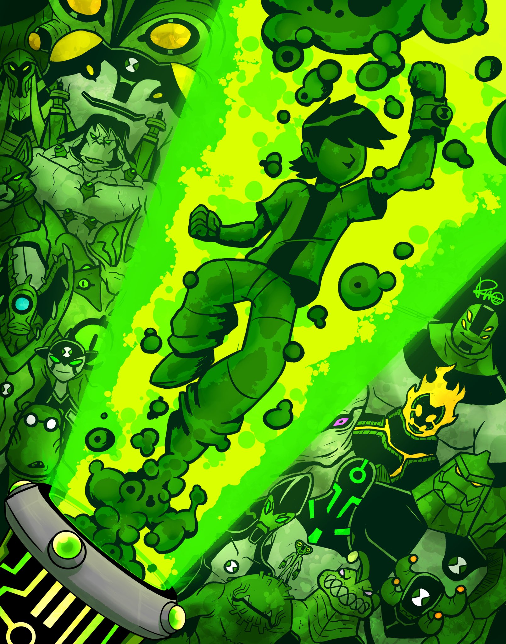ben tennyson, blitzwolfer, cannonbolt, diamondhead, ditto (ben 10), eye guy, four arms (ben 10), frankenstrike, ghostfreak, grey matter (ben 10), heatblast, ripjaws, snare-oh, stinkfly, upgrade (ben 10), way big, xlr8, ben 10, commentary, english commentary, highres, 1boy, black lips, blue eyes, extra eyes, fiery hair, giant, green eyes, green theme, grey eyes, multiple persona, no eyes, omnitrix, one-eyed, orange eyes, orash3r, plant, purple eyes, sharp teeth, shirt, short sleeves, smile, striped clothes, striped shirt, teeth, upchuck, wildvine, yellow eyes