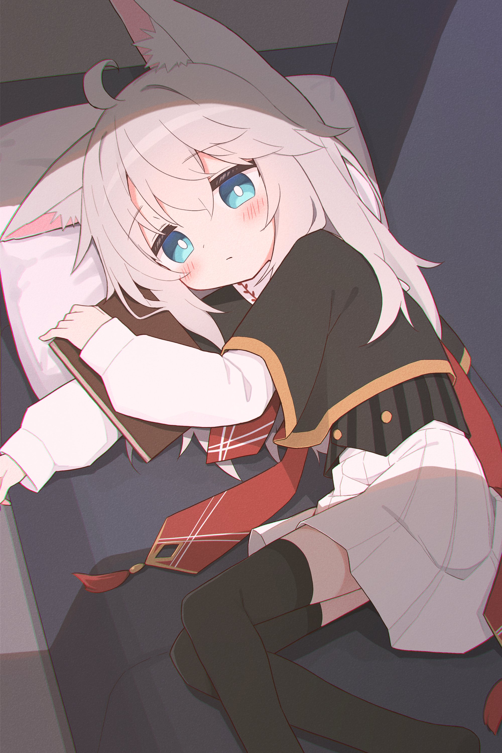 yuune (ayanepuna), original, absurdres, commentary request, highres, 1girl, ahoge, animal ear fluff, animal ears, black capelet, black thighhighs, blue eyes, blush, borrowed character, capelet, closed mouth, grey hair, hozuki sosogu (minamura haruki), long hair, long sleeves, looking at viewer, lying, miniskirt, necktie, on side, pleated skirt, puffy long sleeves, puffy sleeves, red necktie, skirt, solo, thighhighs, white skirt