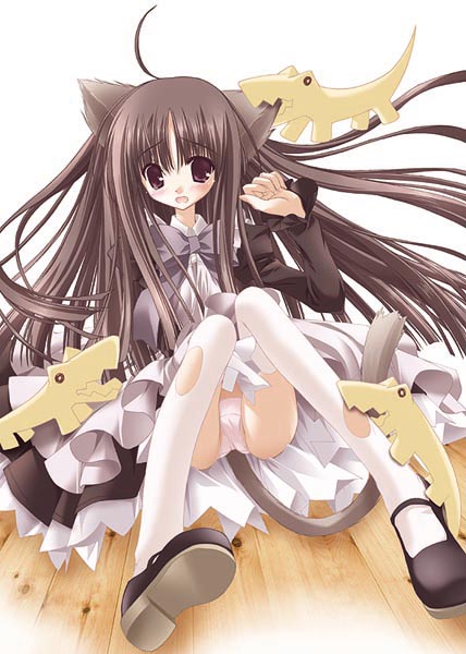 tinker bell (pixiv 10956015), original, animal ears, brown hair, cat ears, long hair, solo, thighhighs