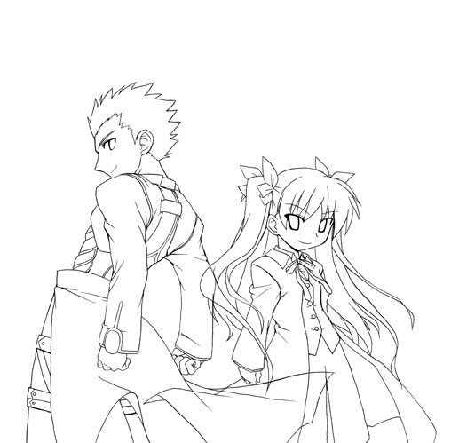 tsukishiro chigiri, archer (fate), tohsaka rin, fate/stay night, fate (series), 00s, 1boy, 1girl, dark-skinned male, dark skin, greyscale, monochrome, twintails