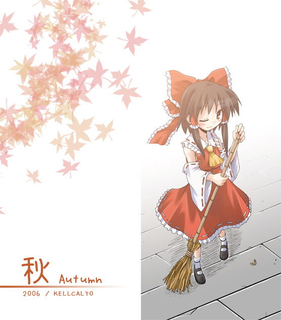 tsukishiro chigiri, hakurei reimu, touhou, 1girl, ascot, autumn leaves, bobby socks, bow, broom, detached sleeves, dress, female focus, full body, hair bow, hair tubes, leaf, long sleeves, looking at viewer, mary janes, red bow, red dress, shoes, sidelocks, simple background, socks, solo, white background, white socks