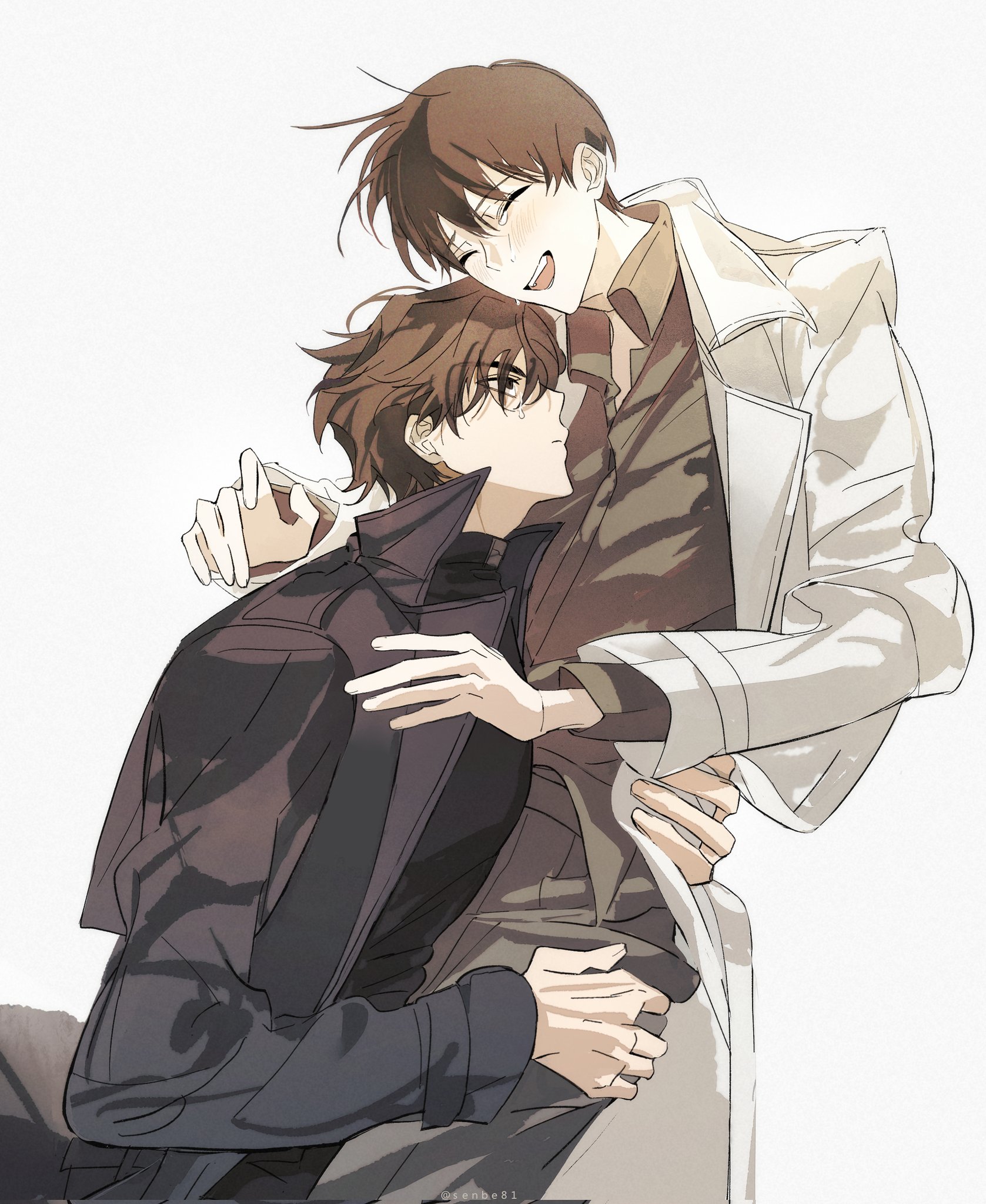 senbe81, kim dokja, yoo joonghyuk, omniscient reader's viewpoint, highres, 2boys, arm around waist, black eyes, black hair, black shirt, coat, collared shirt, cowboy shot, crying, crying with eyes open, grin, hand on another's leg, hug, implied yaoi, looking at another, male focus, multiple boys, popped collar, serious, shirt, short hair, smile, tears, white coat