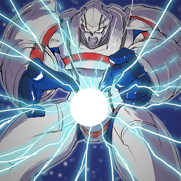 heika (heikahp), heroman (robot), heroman, bad id, bad link, armor, blue eyes, cowboy shot, electricity, energy ball, grey outline, mecha, open mouth, outline, powering up, robot, solo, standing, white armor