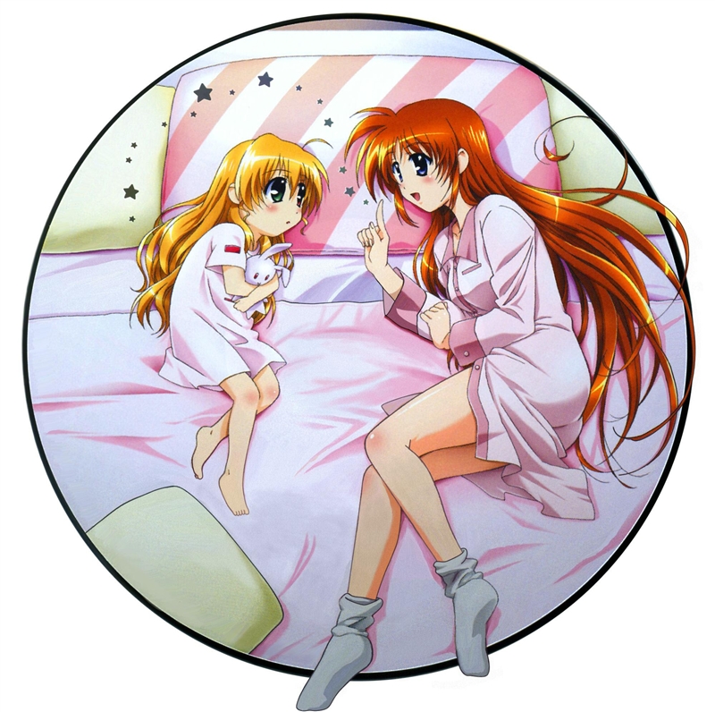 okuda yasuhiro, takamachi nanoha, vivio, lyrical nanoha, mahou shoujo lyrical nanoha, mahou shoujo lyrical nanoha strikers, 00s, 2girls, bed, blonde hair, blush, brown hair, heterochromia, long hair, lying, multiple girls, outside border, pillow, purple eyes, rabbit, round image