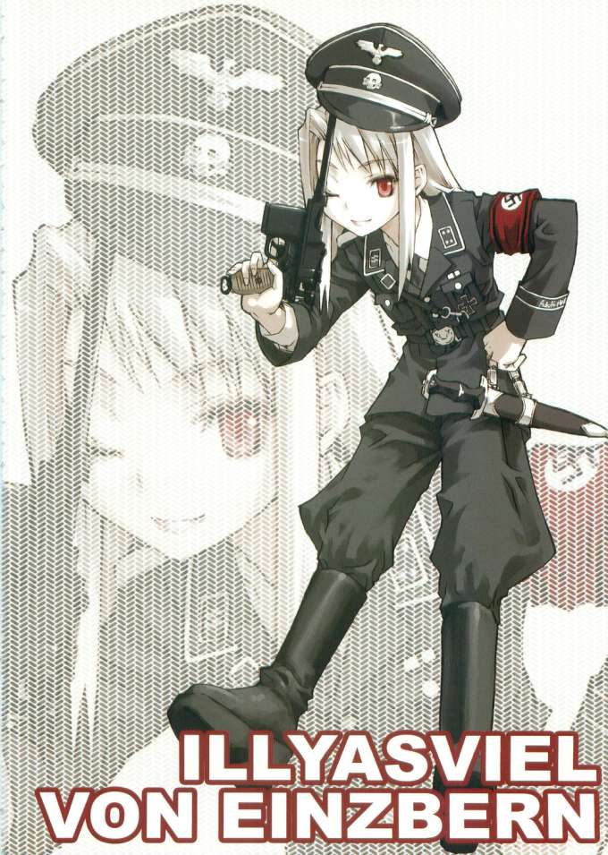 illyasviel von einzbern, fate/stay night, fate (series), duplicate, jpeg artifacts, 00s, 1girl, female focus, gun, handgun, holding, holding gun, holding weapon, jodhpurs, mauser c96, nazi, pants, pistol, red eyes, solo, swastika, trigger discipline, weapon, white hair, world war ii, zoom layer