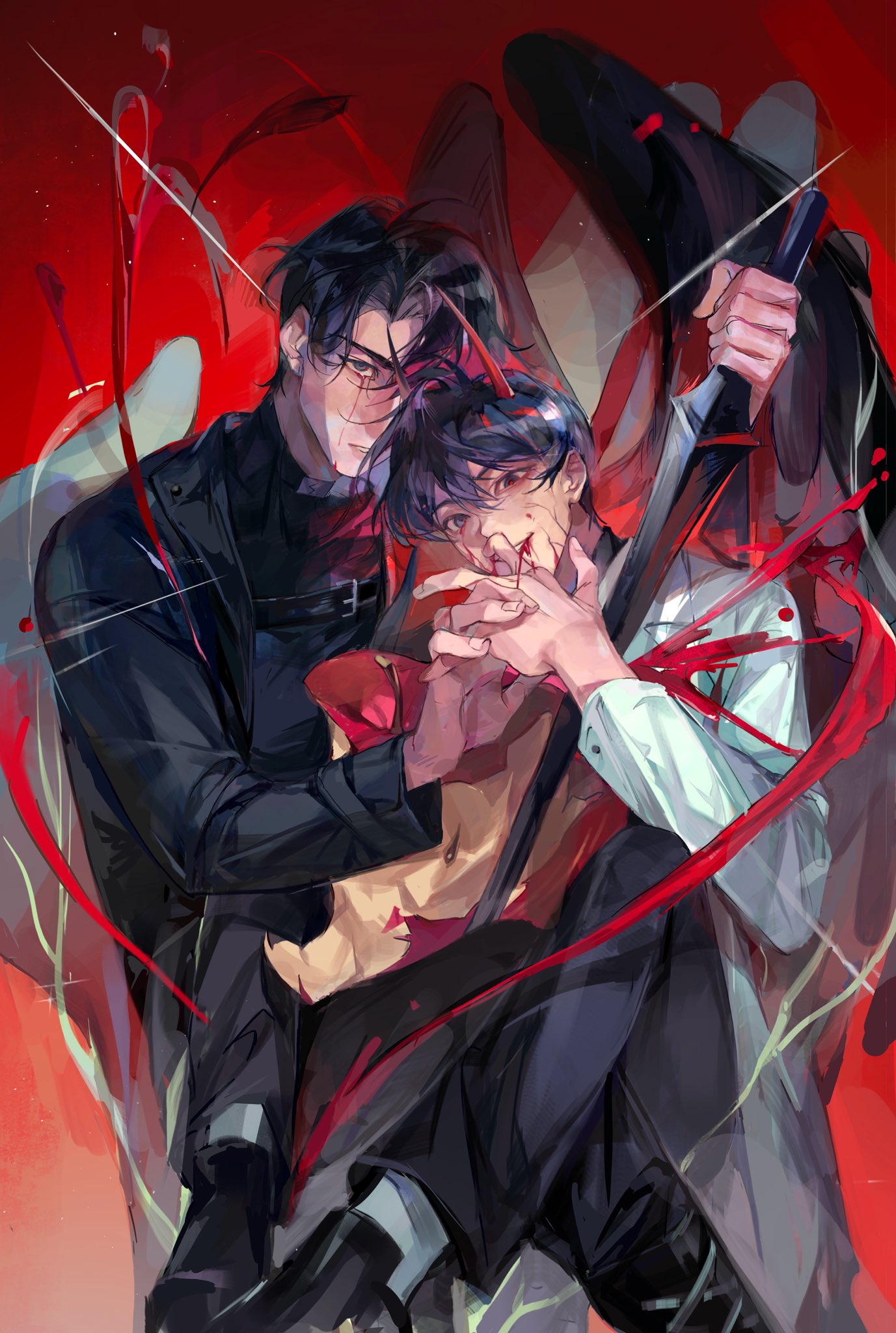 rc dec, kim dokja, yoo joonghyuk, omniscient reader's viewpoint, highres, 2boys, apple, apple core, bags under eyes, black-framed eyewear, black coat, black eyes, black hair, black shirt, black wings, blood, blood on clothes, blood on face, bloody tears, clenched hand, clenched teeth, coat, curtained hair, double-parted bangs, feathered wings, feet out of frame, floating blood, food, fruit, hair between eyes, half-closed eye, holding hands, imminent death, impaled, knees apart feet together, looking at viewer, male focus, multiple boys, official alternate costume, popped collar, red pupils, shirt, short hair, sitting, sitting on person, socks, stab, sword, teeth, weapon, white coat, white socks, wings