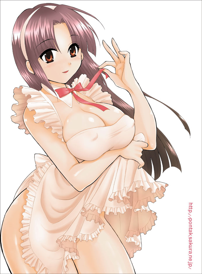 pon takahanada, original, 1girl, apron, breasts, covered erect nipples, female focus, large breasts, long hair, naked apron, orange eyes, purple hair, ribbon, simple background, solo, watermark, web address, white background
