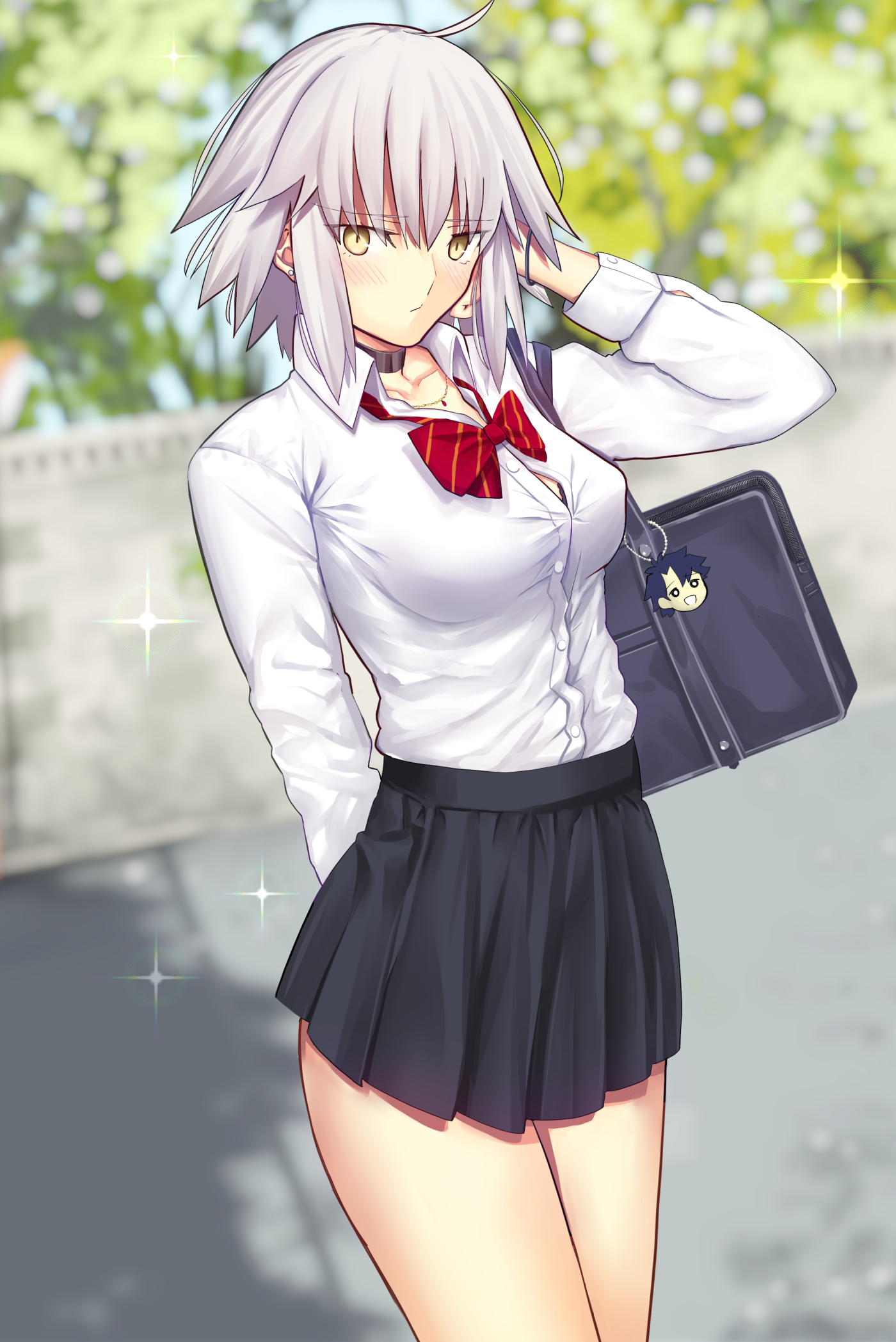 iro (sekaixiro), jeanne d'arc alter (fate), fate/grand order, fate (series), highres, 1girl, ahoge, alternate costume, black skirt, breasts, covered erect nipples, cowboy shot, pleated skirt, shirt, skirt, solo, white shirt, yellow eyes