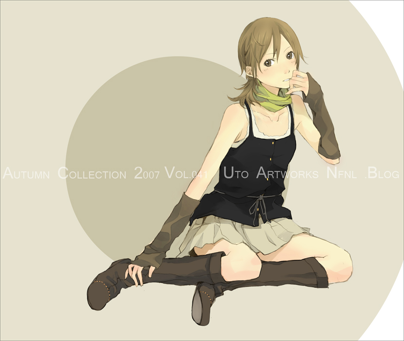 yoshito, original, tagme, black boots, boots, camisole, grey background, hand to own mouth, neck warmer, sitting, skirt, solo