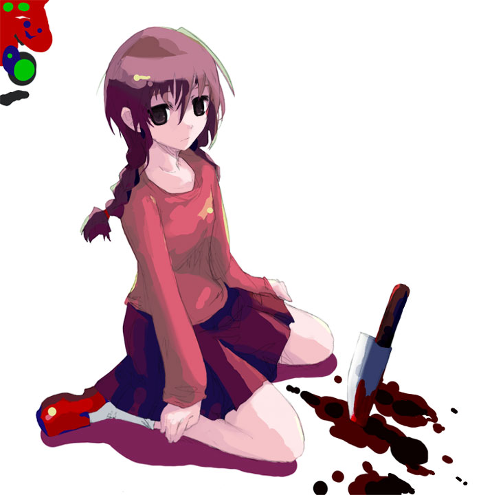 takanashi akihito, madotsuki, yume nikki, 1girl, blood, braid, female focus, kitchen knife, knife, messy hair, pink shirt, purple skirt, red shoes, shirt, shoes, sitting, skirt, solo, twin braids, wariza