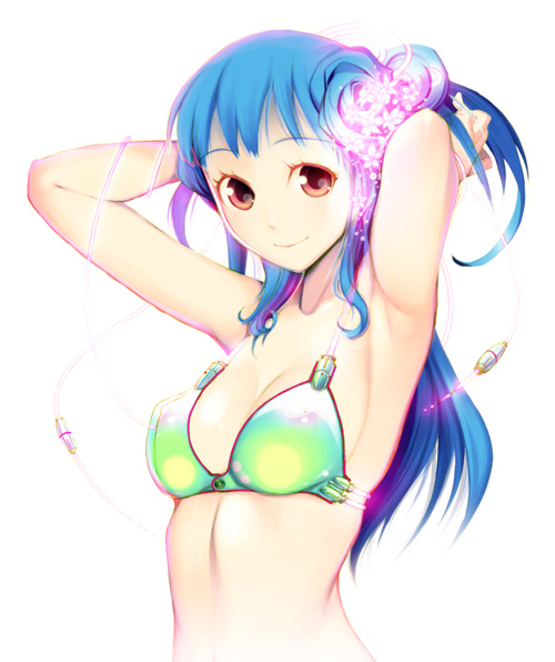 cruccu, original, 1girl, adjusting hair, armpits, arms up, bikini, bikini top only, blue hair, female focus, long hair, multicolored bikini, red eyes, see-through clothes, solo, swimsuit
