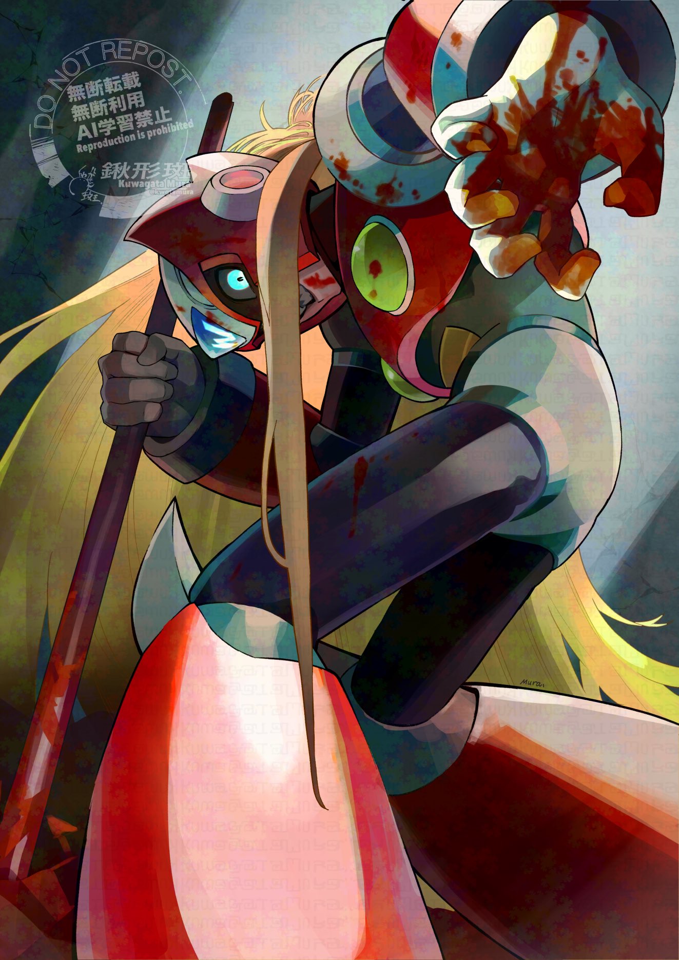 kuwagata mura, zero (mega man), mega man (series), mega man x4, mega man x (series), highres, 1boy, armor, blonde hair, blood, blood on hands, blue eyes, helmet, holding, holding lead pipe, lead pipe, long hair, male focus, red armor, red helmet, solo