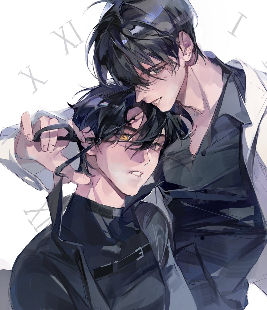 rc dec, kim dokja, yoo joonghyuk, omniscient reader's viewpoint, 2boys, black coat, black eyes, black hair, black shirt, chin rest, coat, collared shirt, curtained hair, cutting another's hair, cutting hair, hair between eyes, head on head, head rest, heterochromia, holding, holding scissors, looking at viewer, male focus, multiple boys, parted lips, popped collar, roman numeral, scissors, shirt, short hair, smirk, upper body, white coat, yellow eyes