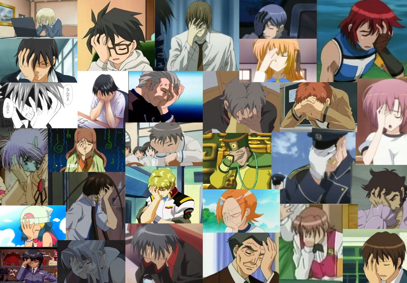 alex louis armstrong, asagiri tatsuya, charles beams, dawn (pokemon), echigoya ginko, emiya shirou, fuuchouin kazuki, fuyutsuki kouzou, holland novak, inuzuka koushi, itsukushima takako, kurt klick, kyon, mikado mariya, mitaka arisa, mr. koiwai, mu la flaga, mutou mahiro, mutsumi (utawarerumono), negi springfield, reid hershel, sakurada jun, takamizawa jin, tsuchimi rin, uehara miyako, yagami light, zelgadiss graywords, aozora shoujotai, aquarion (series), avatar: the last airbender, avatar legends, binbou shimai monogatari, busou renkin, death note, eureka seven, eureka seven (series), fate/stay night, fate (series), fullmetal alchemist, getbackers, gundam, gundam seed, mahou sensei negima!, neon genesis evangelion, nickelodeon, nintendo, otome wa boku ni koishiteru, pani poni dash!, pokemon, rozen maiden, shuffle!, slayers, sousei no aquarion, strawberry panic!, sumomomo momomo, suzumiya haruhi no yuuutsu, tales of (series), tales of eternia, utawarerumono, yoake mae yori ruri iro na, yotsubato!, creatures (company), game freak, screencap, anime screenshot, annotated, annotation request, character request, 00s, 1990s (style), 6+boys, 6+girls, collage, crossover, facepalm, meme, multiple boys, multiple crossover, multiple girls, quality, retro artstyle
