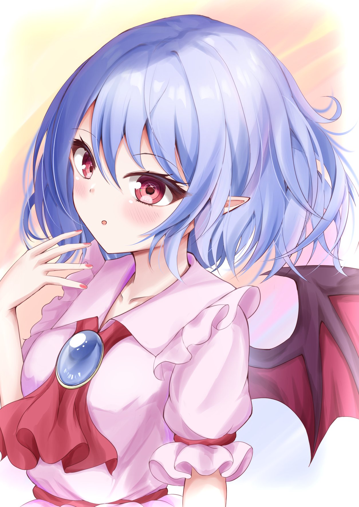 shirotsuki shirone, remilia scarlet, touhou, highres, 1girl, bat wings, blue hair, chest jewel, collarbone, pink shirt, pointy ears, red eyes, shirt, short hair, solo, upper body, wings