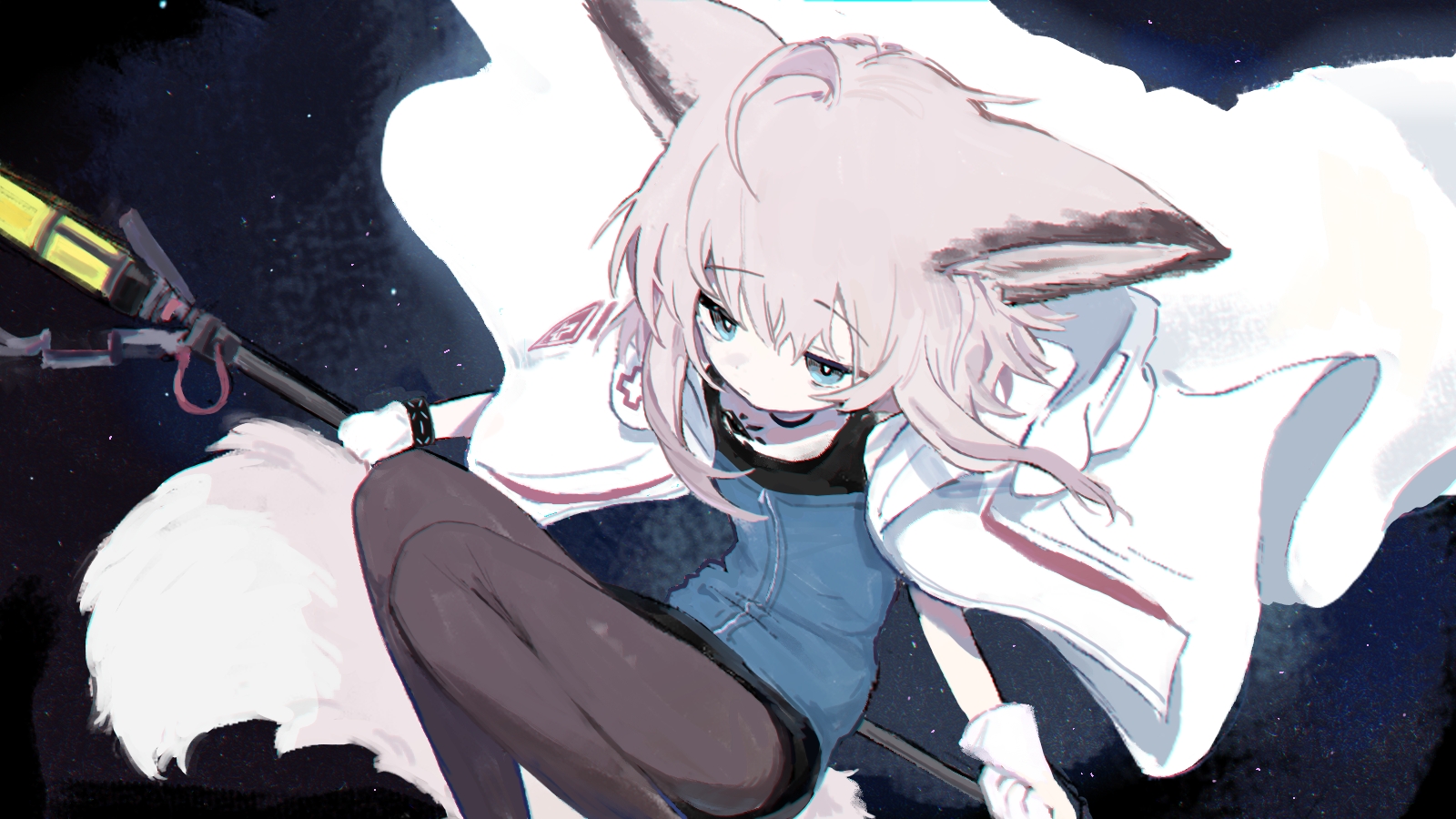 unitedunti, infection monitor (arknights), sussurro (arknights), arknights, commentary, highres, 1girl, ahoge, animal ears, black pantyhose, black shorts, blue eyes, blue vest, bracelet, bright pupils, coat, cross, expressionless, feet out of frame, flat chest, fox ears, fox girl, fox tail, gloves, holding, holding staff, jewelry, looking at viewer, material growth, medium hair, oripathy lesion (arknights), pantyhose, pantyhose under shorts, pink hair, red cross, shorts, solo, staff, tail, vest, white coat, white gloves, white pupils