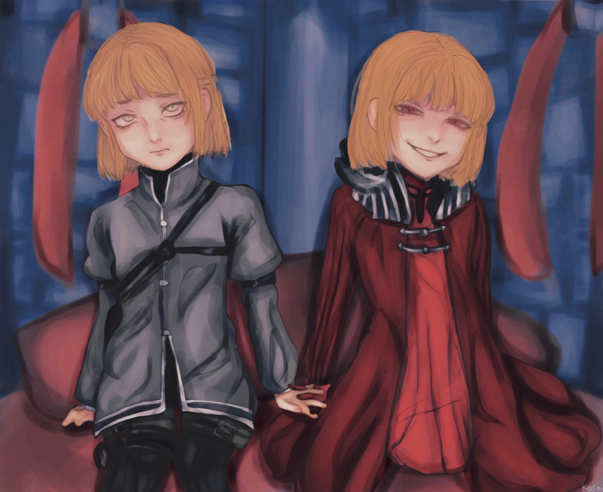 manah, seere (drag-on dragoon), drag-on dragoon, drag-on dragoon 1, highres, non-web source, blonde hair, dress, red dress, red eyes