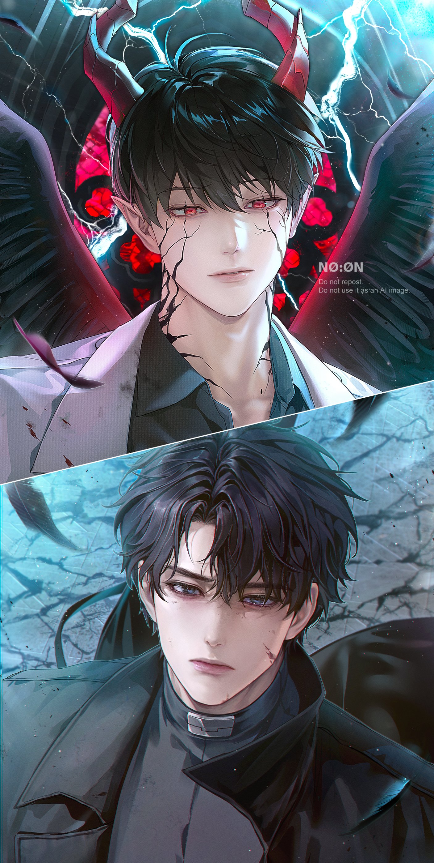no on (no oooo on), kim dokja, yoo joonghyuk, omniscient reader's viewpoint, absurdres, highres, 2boys, aegyo sal, black coat, black hair, black shirt, black wings, blood, blood on face, coat, collared shirt, cracked skin, demon horns, expressionless, falling feathers, feathered wings, feathers, hair between eyes, horns, lightning, looking at another, male focus, multiple boys, official alternate costume, popped collar, red eyes, road, serious, shirt, short hair, split screen, stained glass, street, upper body, white coat, wind, wind lift, wings