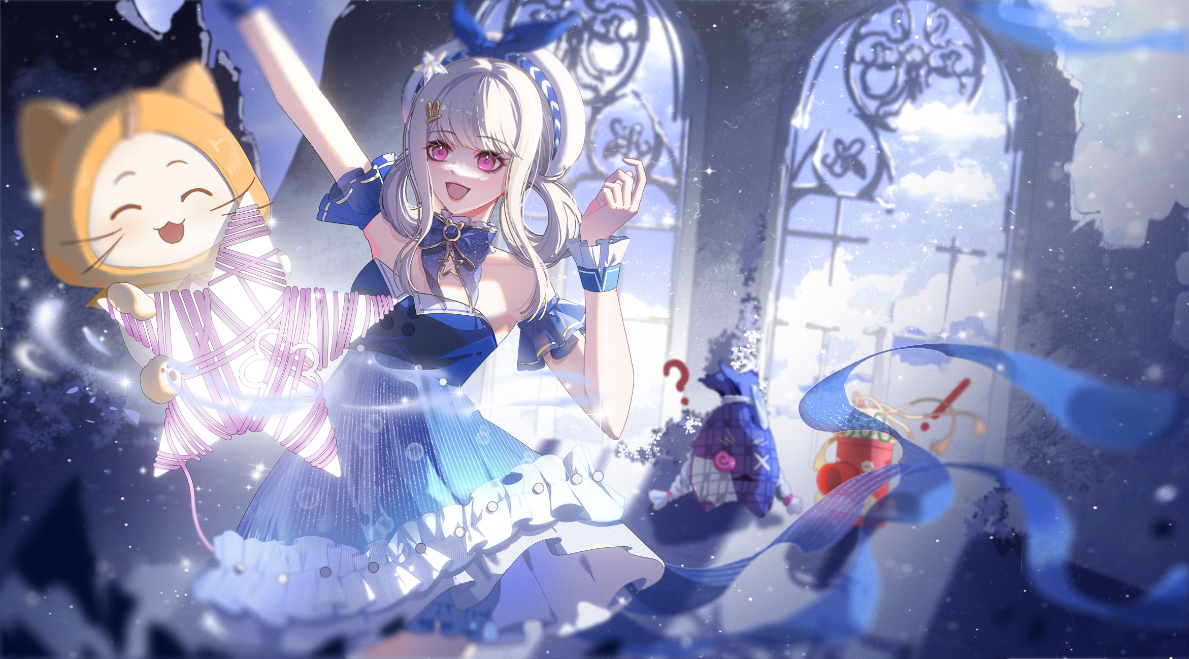 bubbly voyage (infinity nikki), esseling (infinity nikki), hard sack (infinity nikki), momo (nikki), nikki (nikki), tough octopack (infinity nikki), whimstar (infinity nikki), infinity nikki, nikki (series), highres, 1girl, ^ ^, ahoge, animal, arm up, bare shoulders, beads, beret, bloomers, blue bloomers, blue bow, blue bowtie, blue brooch, blue choker, blue dress, blue sky, blue wrist cuffs, bow, bowtie, brooch, bubble print, buttons, cat, choker, cloak, closed eyes, clothed animal, cloud, collared dress, day, dress, ear covers, eyelashes, frilled choker, frilled dress, frilled wrist cuffs, frills, hair ornament, hair rings, hairclip, happy, hat, hat bow, hat ornament, hood, hood up, hooded cloak, jewelry, light particles, open mouth, outdoors, pink eyes, rabbit hair ornament, ruins, sidelocks, sky, smile, star (symbol), star choker, star hat ornament, strapless, strapless dress, striped clothes, striped dress, underwear, vertical-striped clothes, vertical-striped dress, whiskers, white cat, white hat, window, wrist cuffs, xinjinjumin388925569805, yarn, yellow cloak