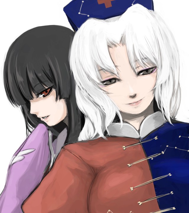 ginji (sakaki summer), houraisan kaguya, yagokoro eirin, touhou, 2girls, black eyes, black hair, female focus, hat, lips, long hair, multiple girls, red eyes, white hair