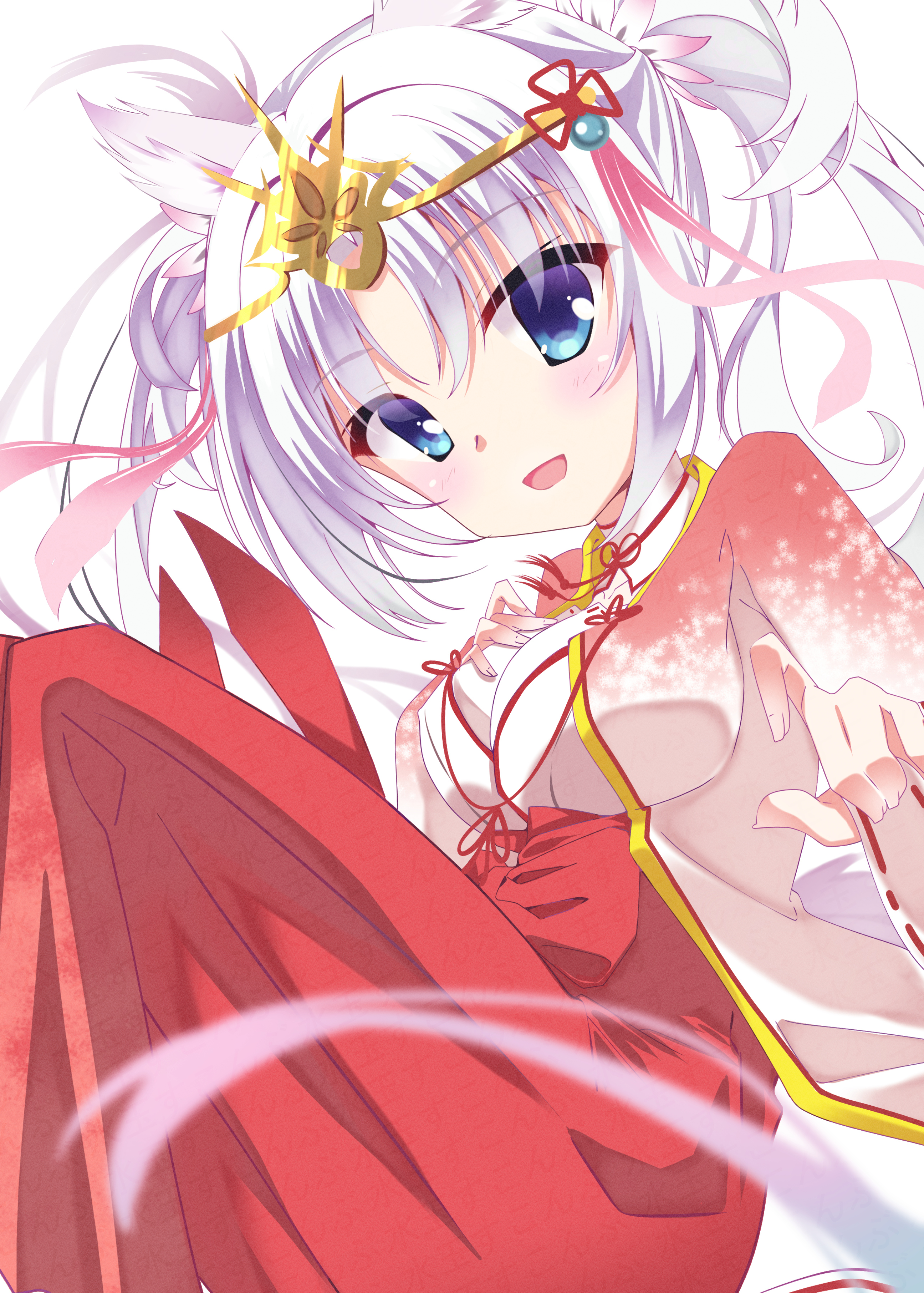 sukonbu385, tomotake yoshino, senren banka, absurdres, commentary request, highres, 1girl, :d, animal ear fluff, animal ears, blue eyes, blurry, blush, breasts, depth of field, detached collar, dutch angle, feet out of frame, floating hair, flower, hair between eyes, hair flower, hair ornament, hakama, hakama skirt, hand on own chest, hands up, japanese clothes, kimono, large breasts, long hair, long sleeves, looking at viewer, nontraditional miko, open mouth, pink kimono, red hakama, ribbon-trimmed sleeves, ribbon trim, sidelocks, sitting, skirt, smile, solo, tiara, twintails, two-tone kimono, very long hair, watermark, white flower, white hair, white kimono, wide sleeves, wolf ears
