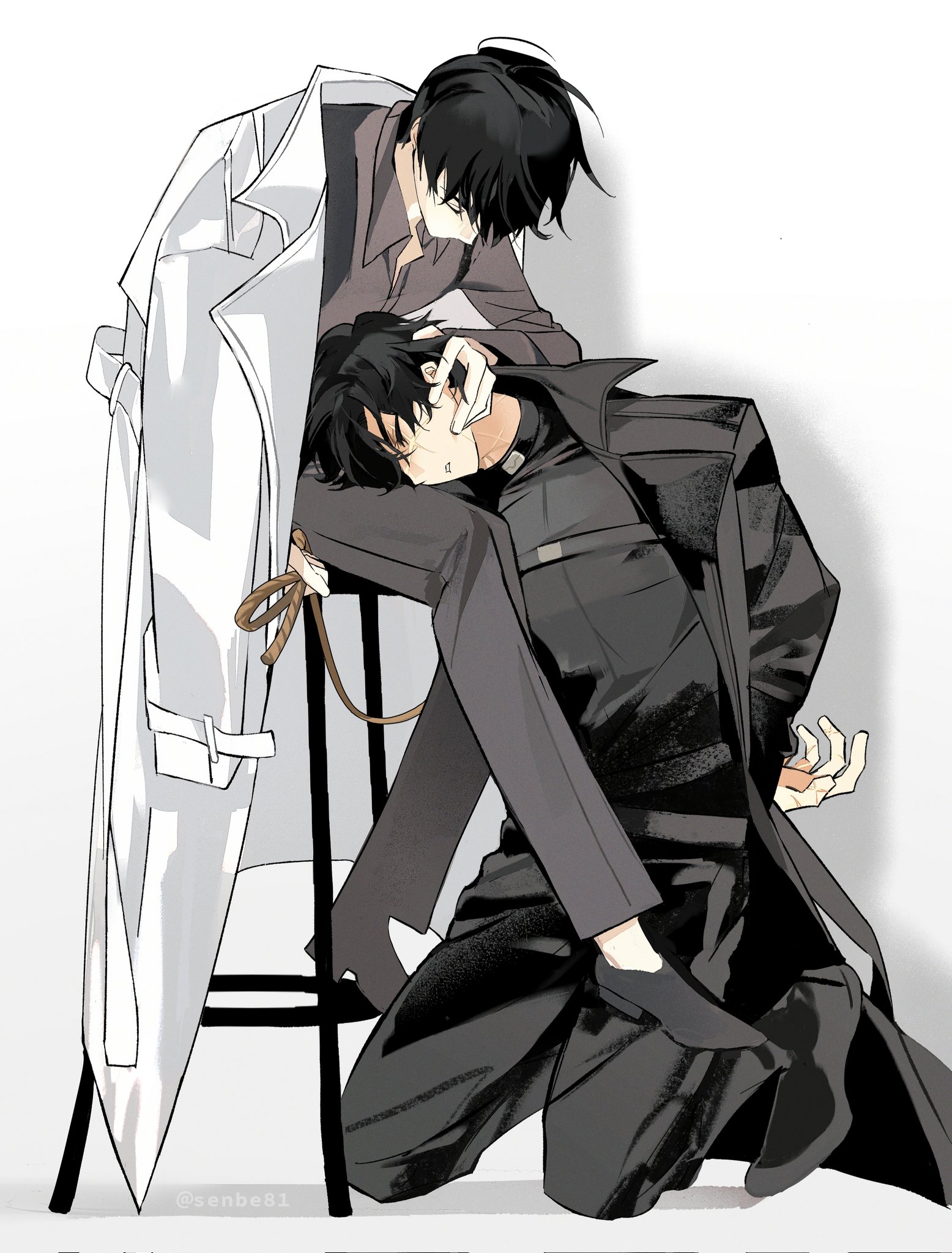 senbe81, kim dokja, yoo joonghyuk, omniscient reader's viewpoint, highres, 2boys, between legs, black coat, black hair, bound, bound wrists, closed eyes, coat, collared shirt, full body, grey shirt, hand on another's head, lap pillow, looking at another, multiple boys, on stool, popped collar, rope, seiza, shirt, short hair, sitting, tied up (nonsexual), white coat