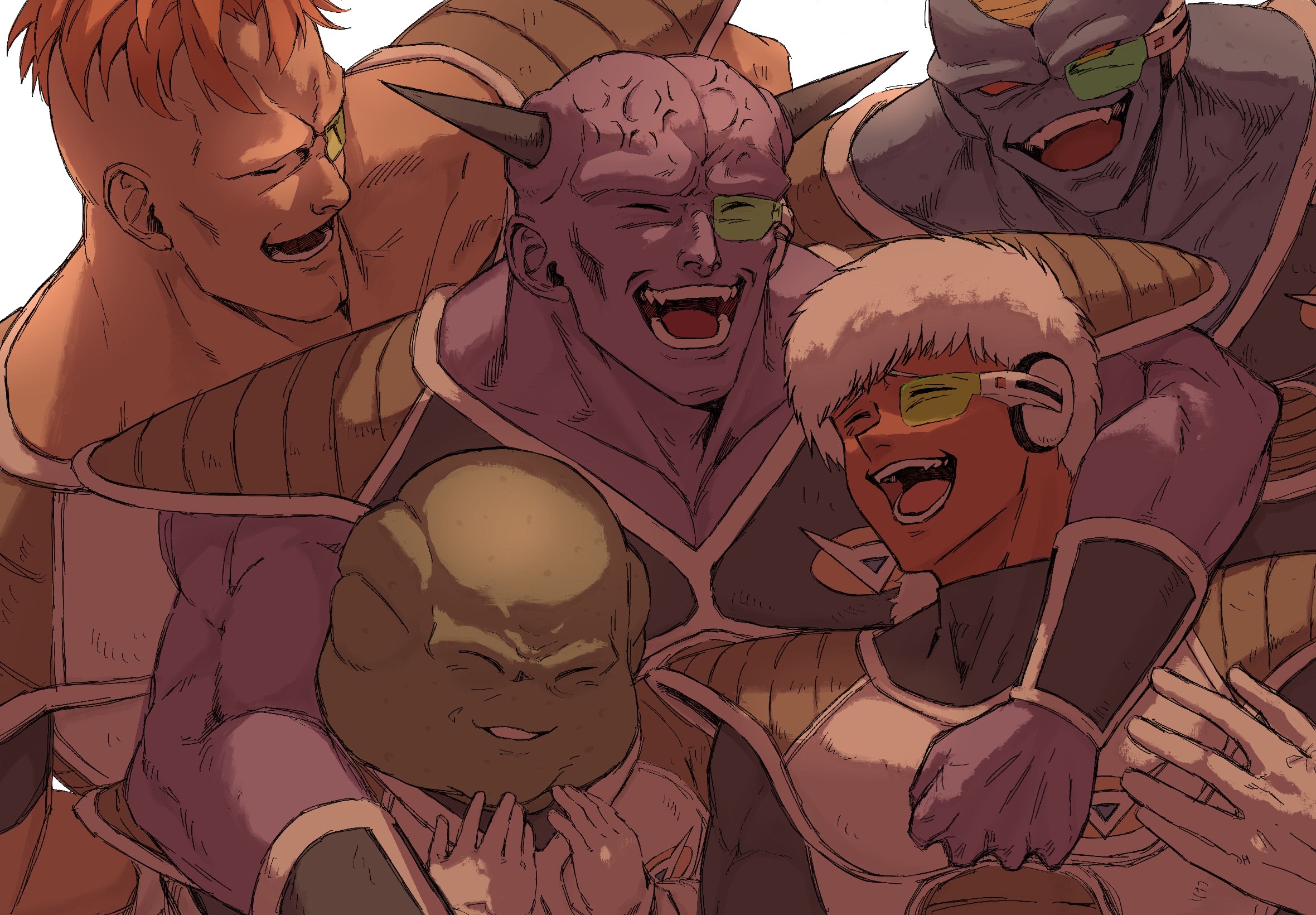 burter, captain ginyu, ginyu force, guldo, jeice, recoome, dragon ball, dragonball z, highres, 5boys, blue skin, closed eyes, colored skin, green skin, group picture, horns, jann (jannillust), male focus, multiple boys, orange hair, purple skin, red skin, scouter, simple background, upper body, white background, white hair