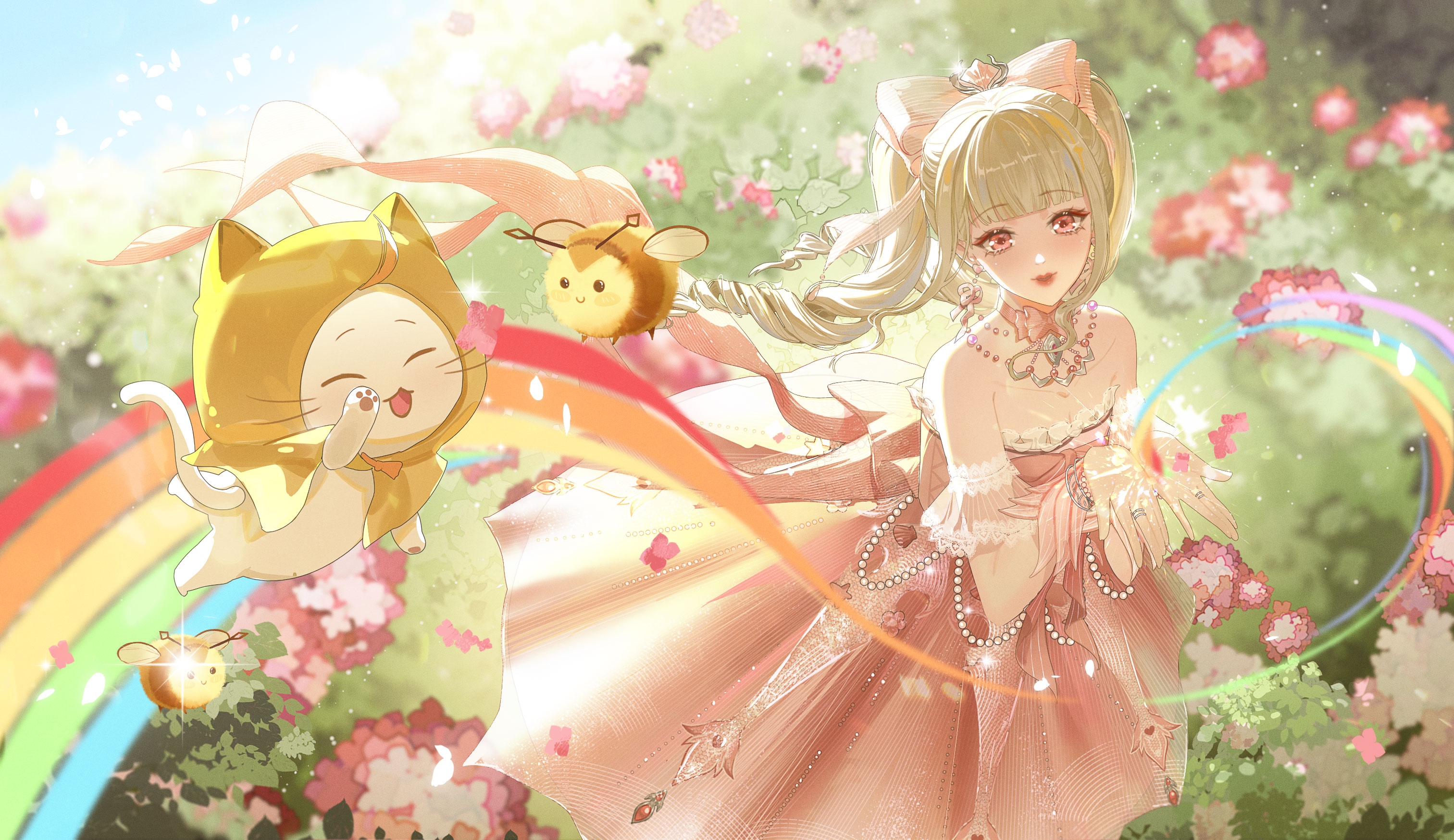 momo (nikki), nikki (nikki), pink ribbon waltz (infinity nikki), infinity nikki, nikki (series), highres, 1girl, ^ ^, animal, bare shoulders, bead necklace, beads, bee, blonde hair, blunt bangs, bow, bow choker, bowtie, bracelet, breasts, bug, cat, choker, cleavage, cloak, closed eyes, closed mouth, clothed animal, collarbone, cowboy shot, day, detached sleeves, dress, ear covers, eyelashes, floating clothes, floating hair, flower, foodie bee, frilled dress, frilled sleeves, frills, hair bow, hair ornament, hood, hood up, hooded cloak, insect, jewelry, lake, light particles, lipstick, long hair, makeup, medium dress, multiple rings, necklace, orange bow, orange bowtie, outdoors, pawpads, petals, pink bow, pink bowtie, pink choker, pink dress, pink eyes, pink flower, pink sleeves, pink wrist cuffs, pleated dress, pleated sleeves, rainbow, red lips, ring, ringlets, shell, shell hair ornament, short sleeves, smile, standing, striped bow, traditional bowtie, twintails, vertical-striped sleeves, white cat, wind, wrist cuffs, xinjinjumin388925569805, yellow cloak