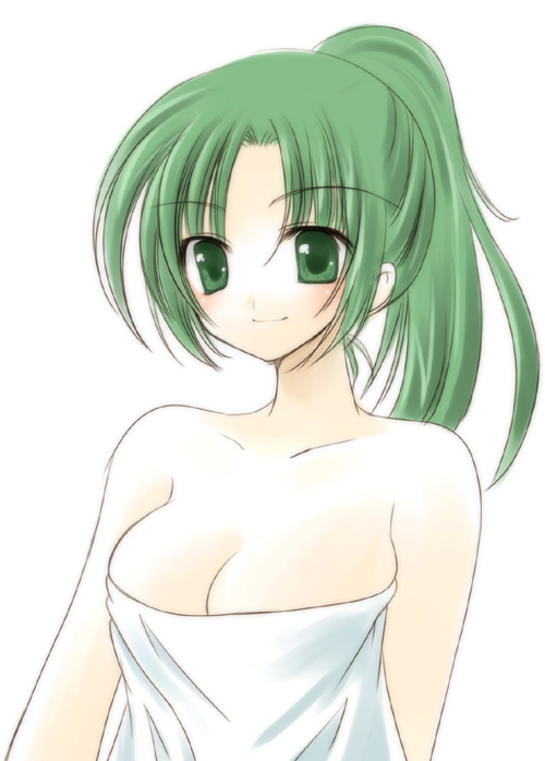 yukian, sonozaki mion, higurashi no naku koro ni, 00s, green eyes, green hair, naked towel, ponytail, solo, towel