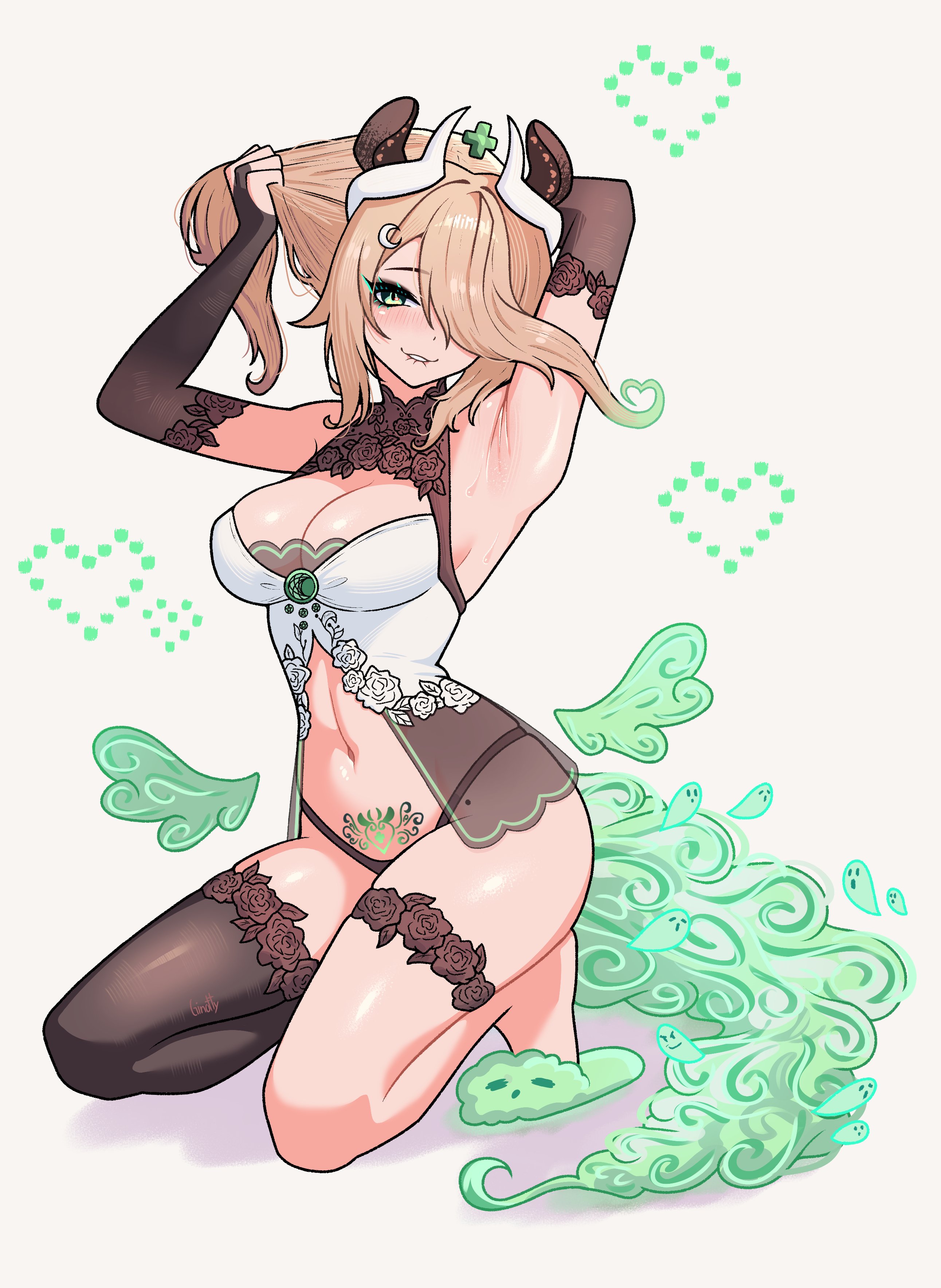ginotty, nimi nightmare, indie virtual youtuber, absurdres, commentary, highres, 1girl, animal ears, armpits, arms up, babydoll, biting own lip, black panties, black thighhighs, blonde hair, breasts, bridal gauntlets, cleavage, cleavage cutout, clothing cutout, elbow gloves, gloves, green eyes, hair over one eye, highleg, highleg panties, horns, kneeling, large breasts, long hair, looking at viewer, mole on hip, navel, panties, pubic tattoo, see-through clothes, simple background, single thighhigh, solo, tapir ears, tapir girl, tattoo, thigh strap, thighhighs, underwear, virtual youtuber, white babydoll, white background