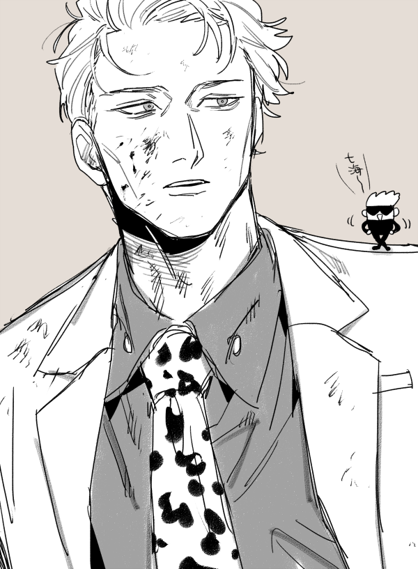 chanko neru, gojou satoru, nanami kento, jujutsu kaisen, commentary request, 2boys, animal print, blindfold, blood, blood on face, chibi, formal clothes, greyscale, leopard print, looking to the side, monochrome, multiple boys, on shoulder, parted lips, short hair, simple background, suit