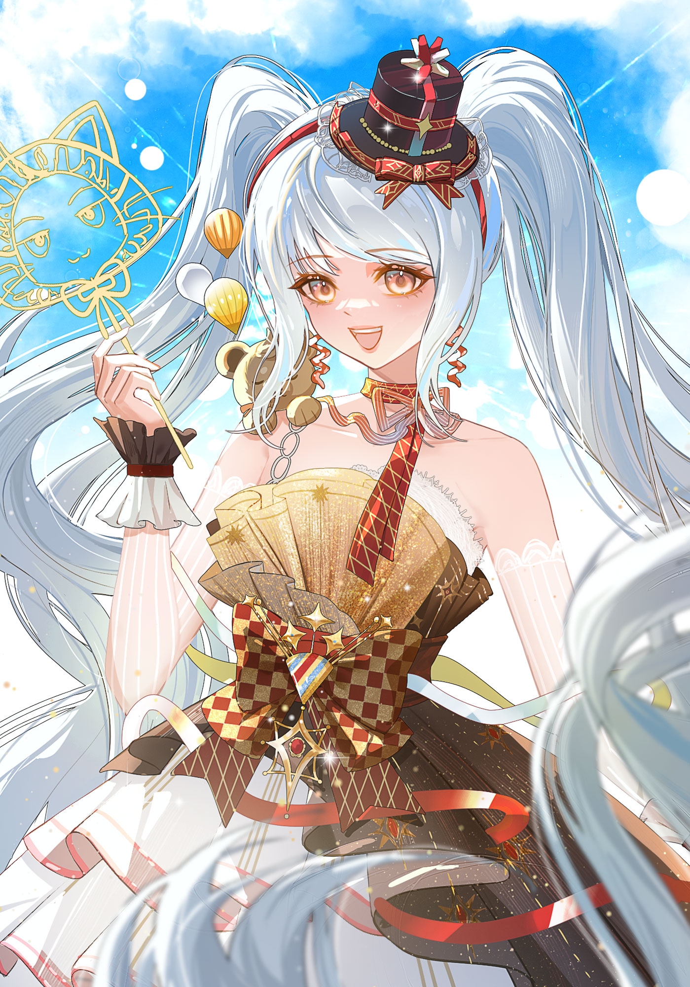dance till dawn (infinity nikki), momo (nikki), infinity nikki, nikki (series), highres, 1girl, back ribbon, balloon, bare shoulders, black hat, black wrist cuffs, blue sky, bow, brown dress, brown eyes, checkered bow, checkered clothes, choker, cloud, collarbone, cowboy shot, day, detached sleeves, dress, earrings, eyelashes, fireworks, frilled dress, frilled wrist cuffs, frills, hairband, hat, hat bow, holding, holding fireworks, jewelry, lace-trimmed sleeves, lace trim, layered dress, light blush, light particles, lipstick, lolita fashion, long hair, long sleeves, looking ahead, makeup, miniskirt, open mouth, outdoors, pink lips, red bow, red choker, red hairband, red ribbon, ribbon, ribbon choker, see-through clothes, see-through sleeves, short dress, skirt, sky, smile, solo, sparkler, standing, strapless, strapless dress, striped choker, striped ribbon, stuffed animal, stuffed toy, sunlight, teddy bear, teeth, twintails, two-tone bow, two-tone wrist cuffs, upper teeth only, vertical-striped sleeves, very long hair, waist bow, wavy hair, white dress, white hair, white sleeves, white wrist cuffs, wrist cuffs, xinjinjumin388925569805, yellow bow