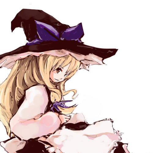 july13th, kirisame marisa, touhou, lowres, 1girl, apron, black hat, black skirt, black vest, blonde hair, bow, female focus, frilled apron, frills, from side, hair bow, hat, hat bow, hat ribbon, long hair, long sleeves, looking at viewer, purple bow, purple ribbon, ribbon, shirt, simple background, skirt, smile, solo, vest, waist apron, white apron, white background, white bow, white shirt, witch hat